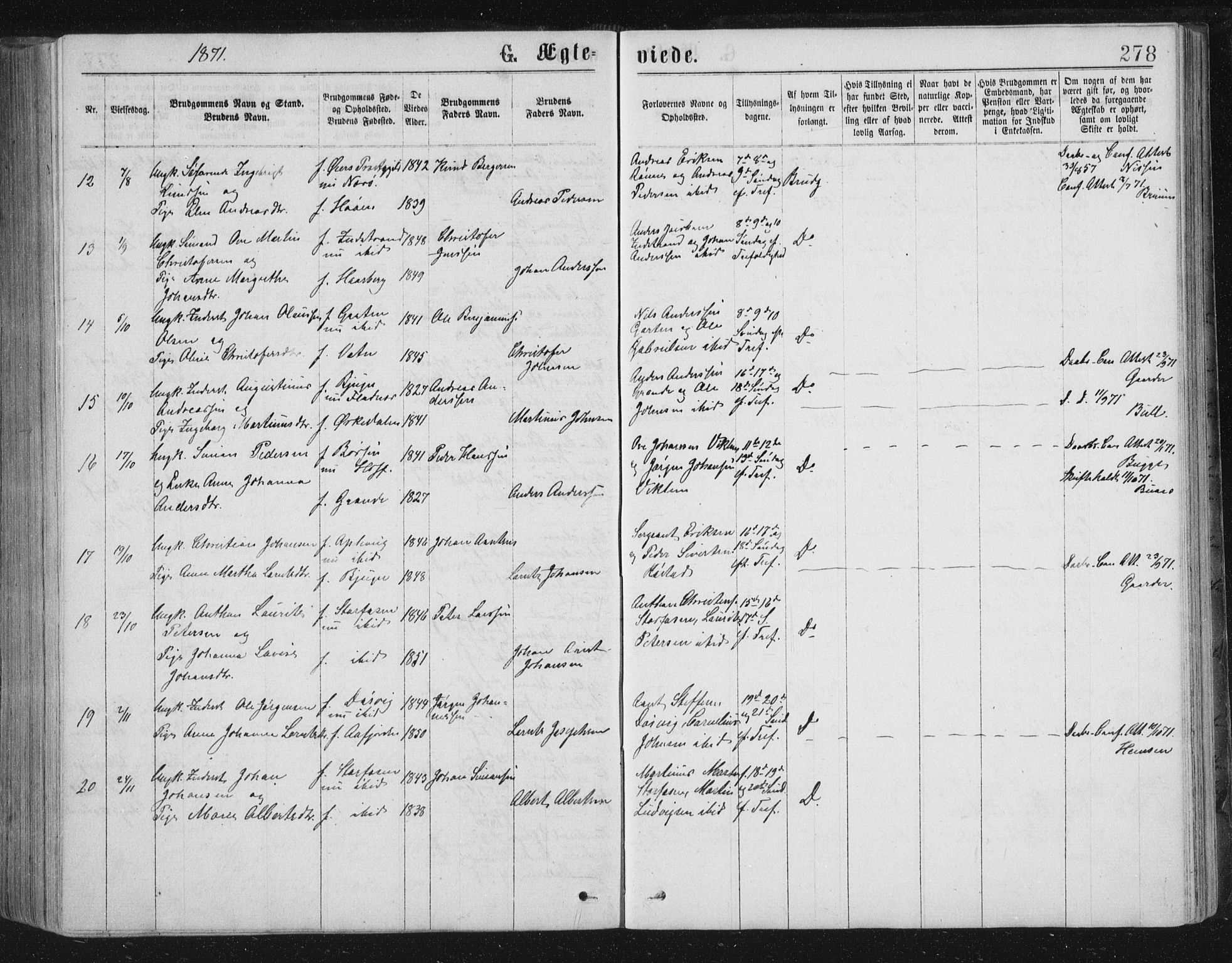Ministerialprotokoller, klokkerbøker og fødselsregistre - Sør-Trøndelag, SAT/A-1456/659/L0745: Parish register (copy) no. 659C02, 1869-1892, p. 278