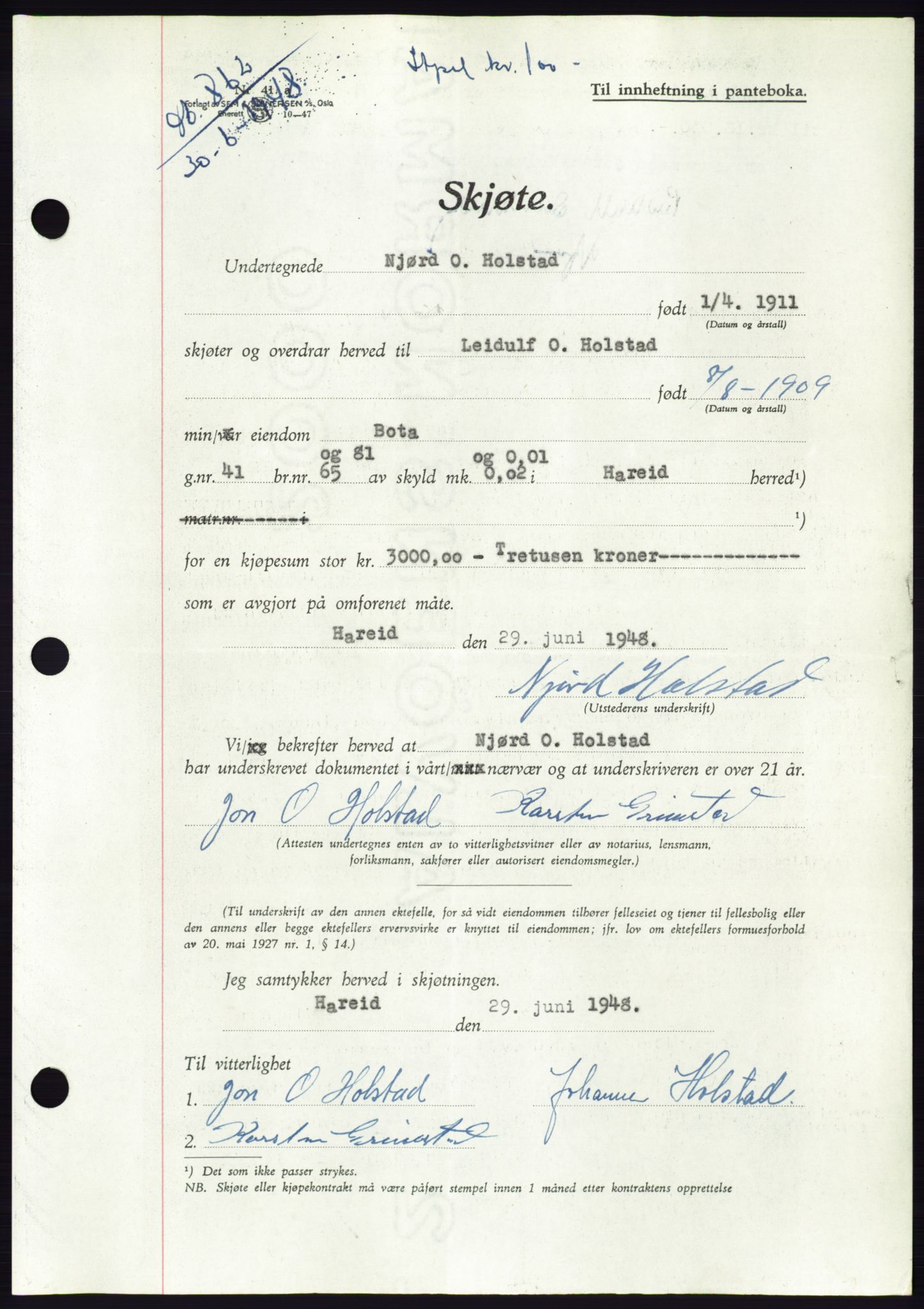 Søre Sunnmøre sorenskriveri, AV/SAT-A-4122/1/2/2C/L0082: Mortgage book no. 8A, 1948-1948, Diary no: : 862/1948