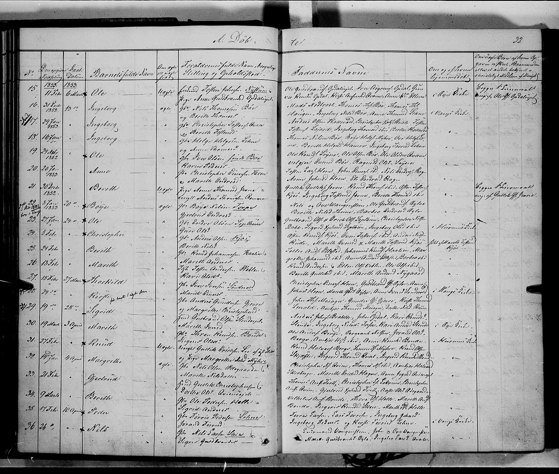 Vang prestekontor, Valdres, AV/SAH-PREST-140/H/Ha/L0006: Parish register (official) no. 6, 1846-1864, p. 32