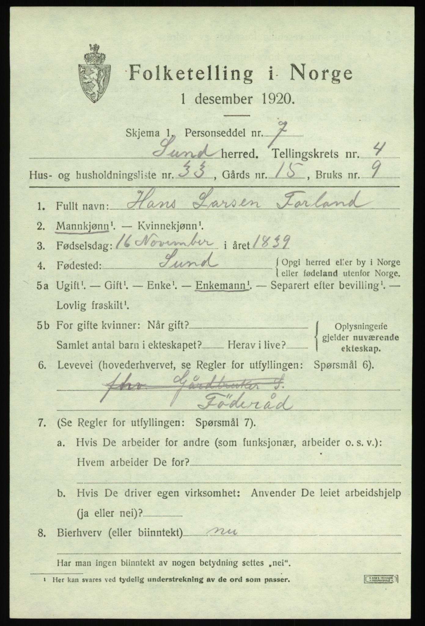 SAB, 1920 census for Sund, 1920, p. 2929