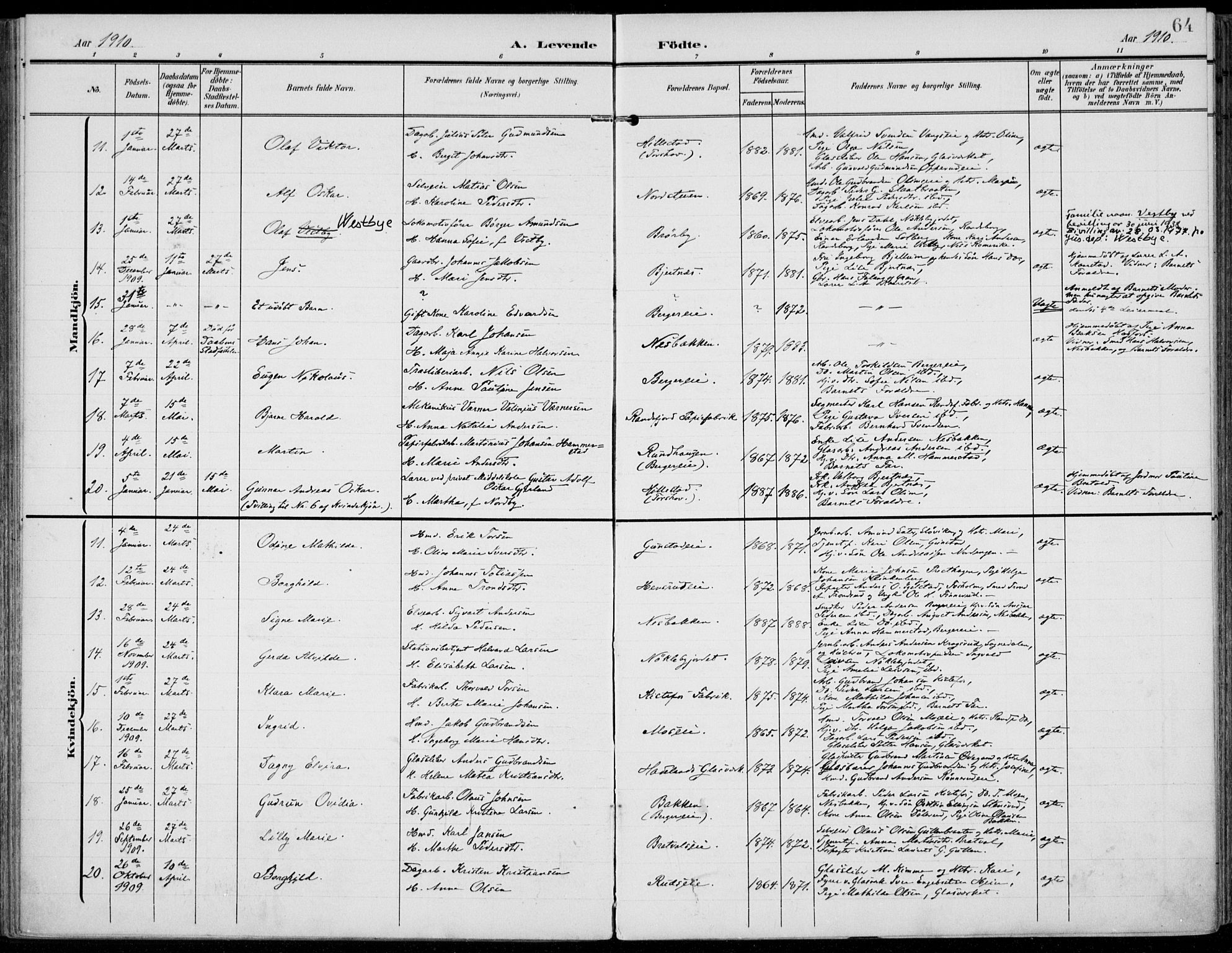Jevnaker prestekontor, AV/SAH-PREST-116/H/Ha/Haa/L0011: Parish register (official) no. 11, 1902-1913, p. 64