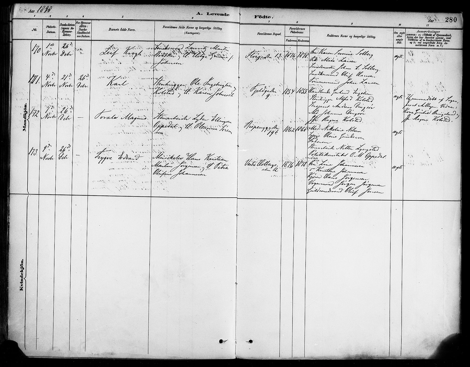 Korskirken sokneprestembete, AV/SAB-A-76101/H/Haa/L0022: Parish register (official) no. B 8, 1889-1899, p. 280