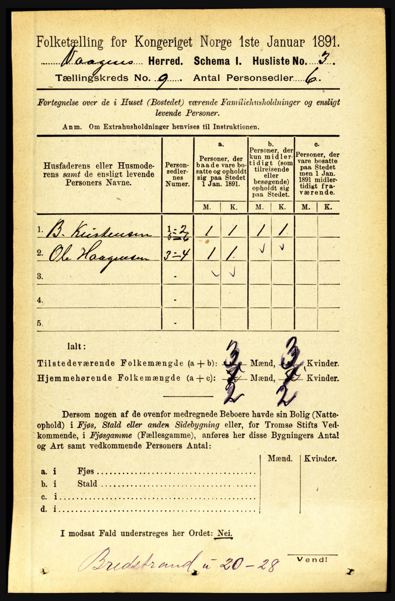 RA, 1891 census for 1865 Vågan, 1891, p. 2218