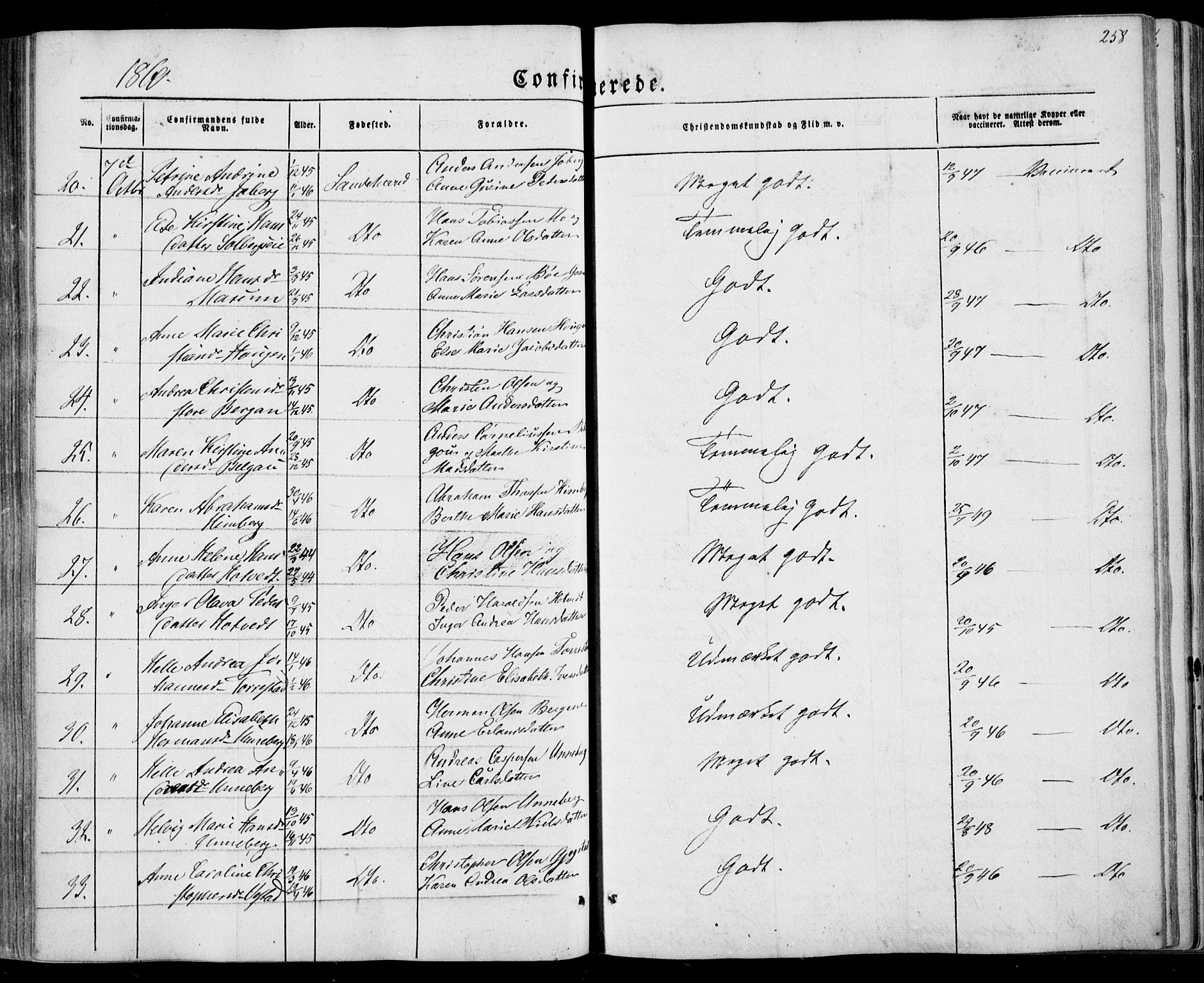 Sandar kirkebøker, AV/SAKO-A-243/F/Fa/L0007: Parish register (official) no. 7, 1855-1861, p. 258