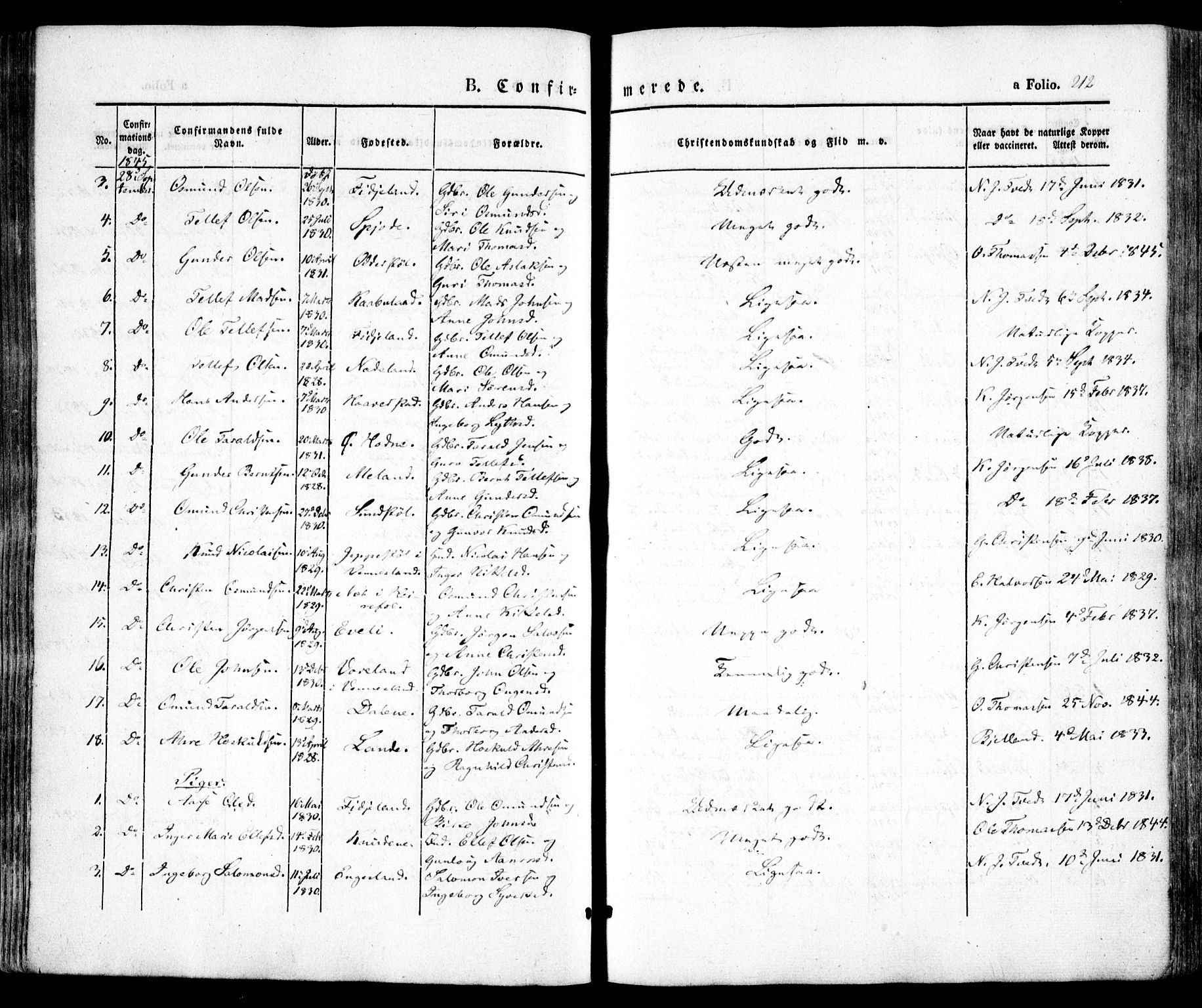 Evje sokneprestkontor, AV/SAK-1111-0008/F/Fa/Faa/L0005: Parish register (official) no. A 5, 1843-1865, p. 212