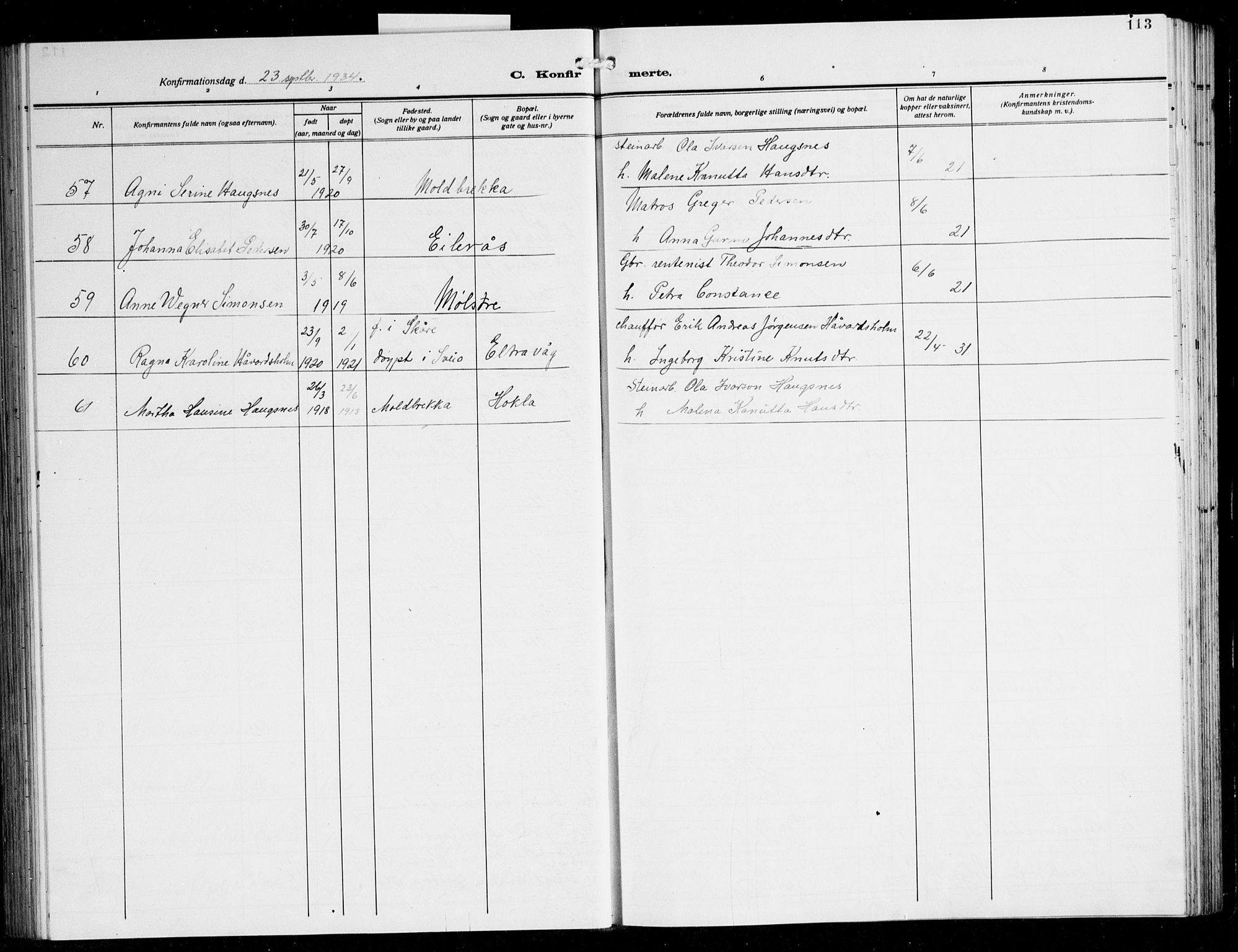 Sveio Sokneprestembete, AV/SAB-A-78501/H/Hab: Parish register (copy) no. A 6, 1927-1945, p. 113