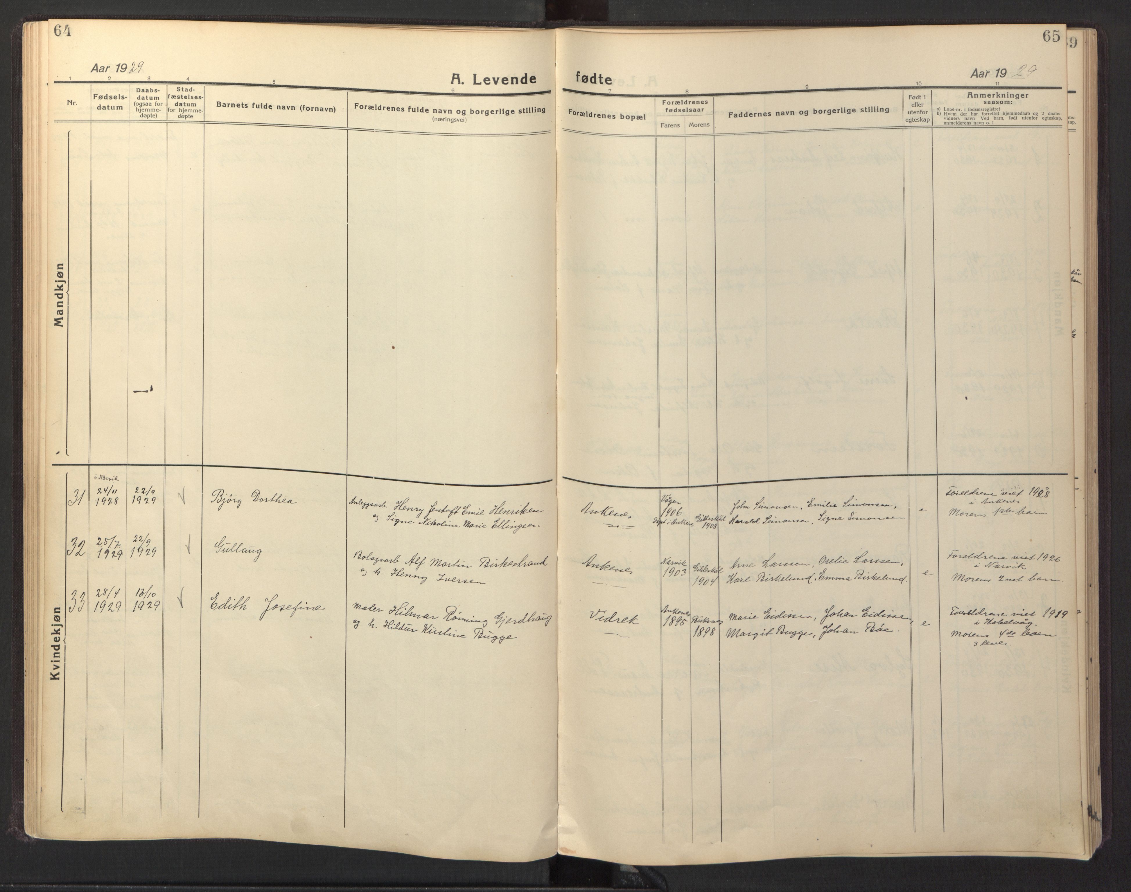 Ministerialprotokoller, klokkerbøker og fødselsregistre - Nordland, AV/SAT-A-1459/866/L0960: Parish register (copy) no. 866C09, 1924-1947, p. 64-65