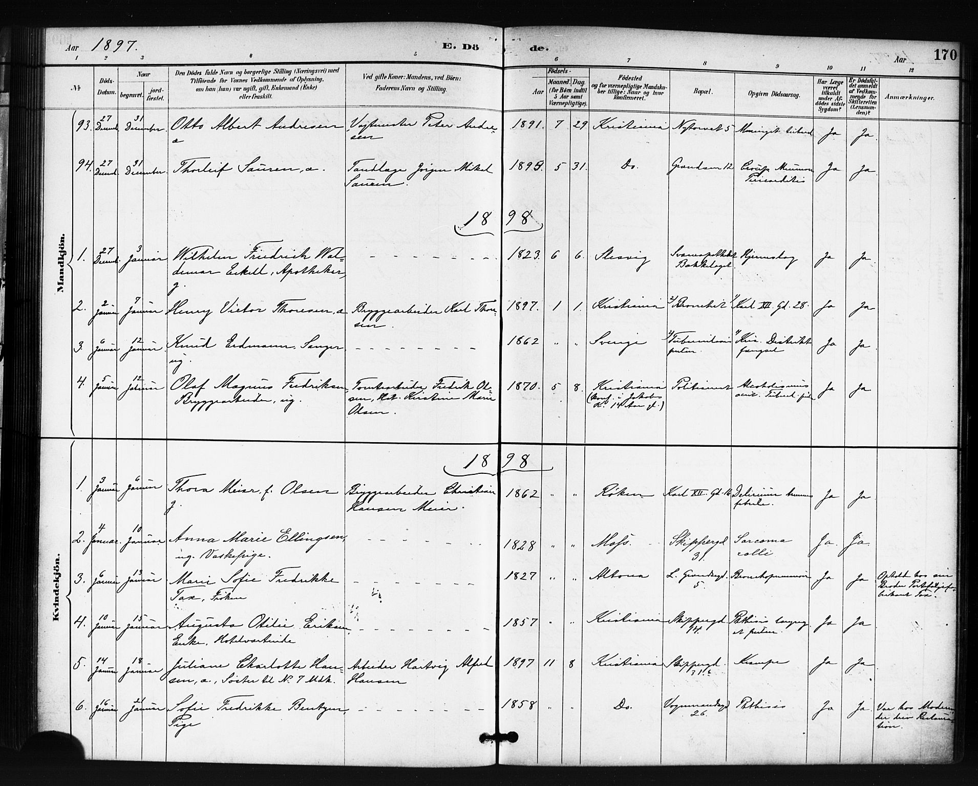 Oslo domkirke Kirkebøker, SAO/A-10752/F/Fa/L0035: Parish register (official) no. 35, 1885-1901, p. 170