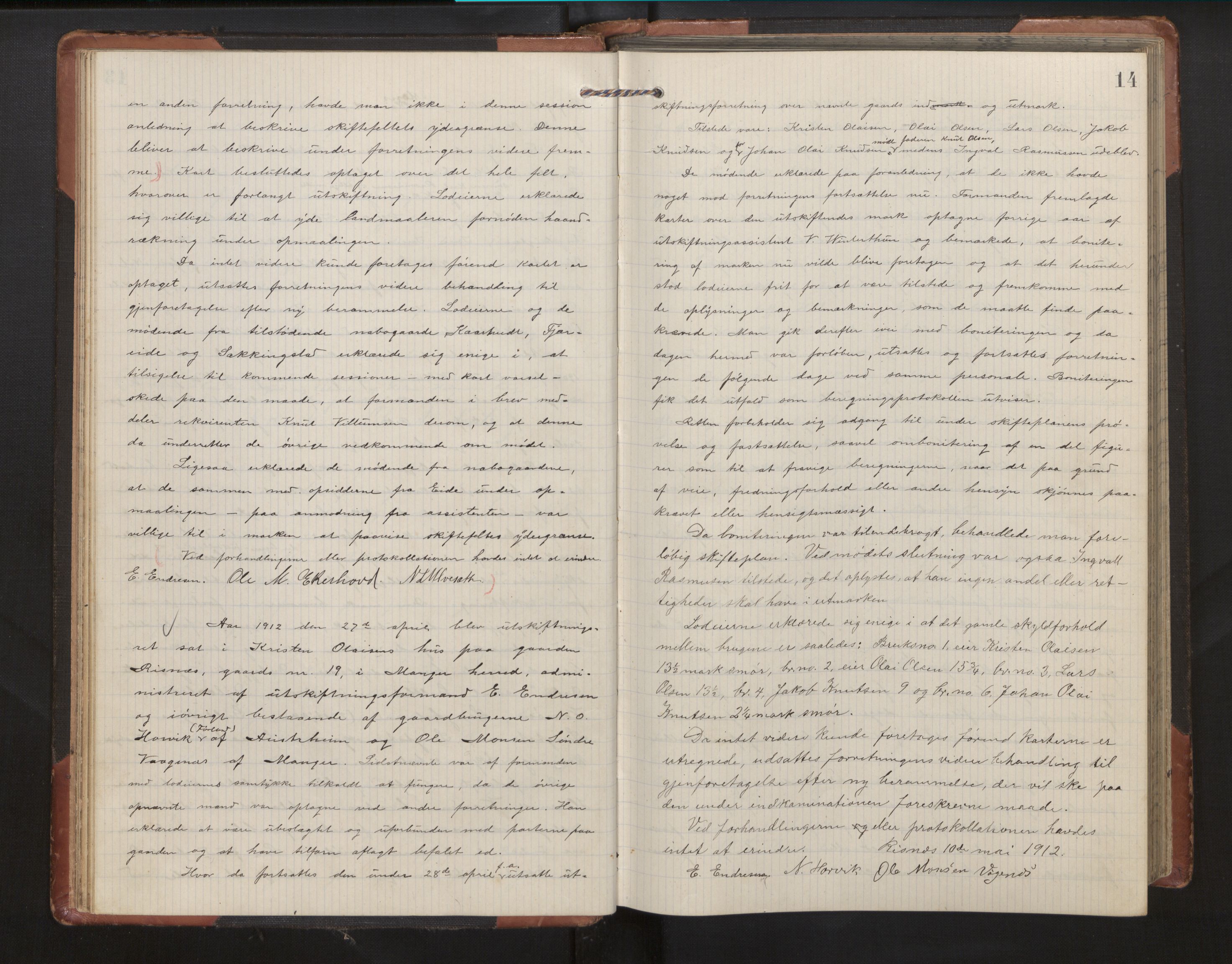 Hordaland jordskiftedøme - II Ytre Nordhordland jordskiftedistrikt, AV/SAB-A-6901/A/Aa/L0023: Forhandlingsprotokoll, 1911-1915, p. 13b-14a