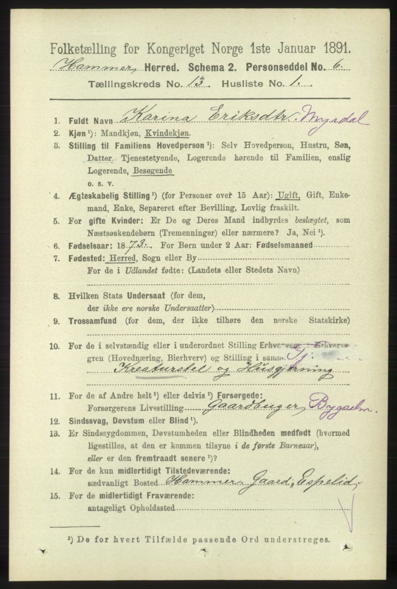 RA, 1891 census for 1254 Hamre, 1891, p. 3998