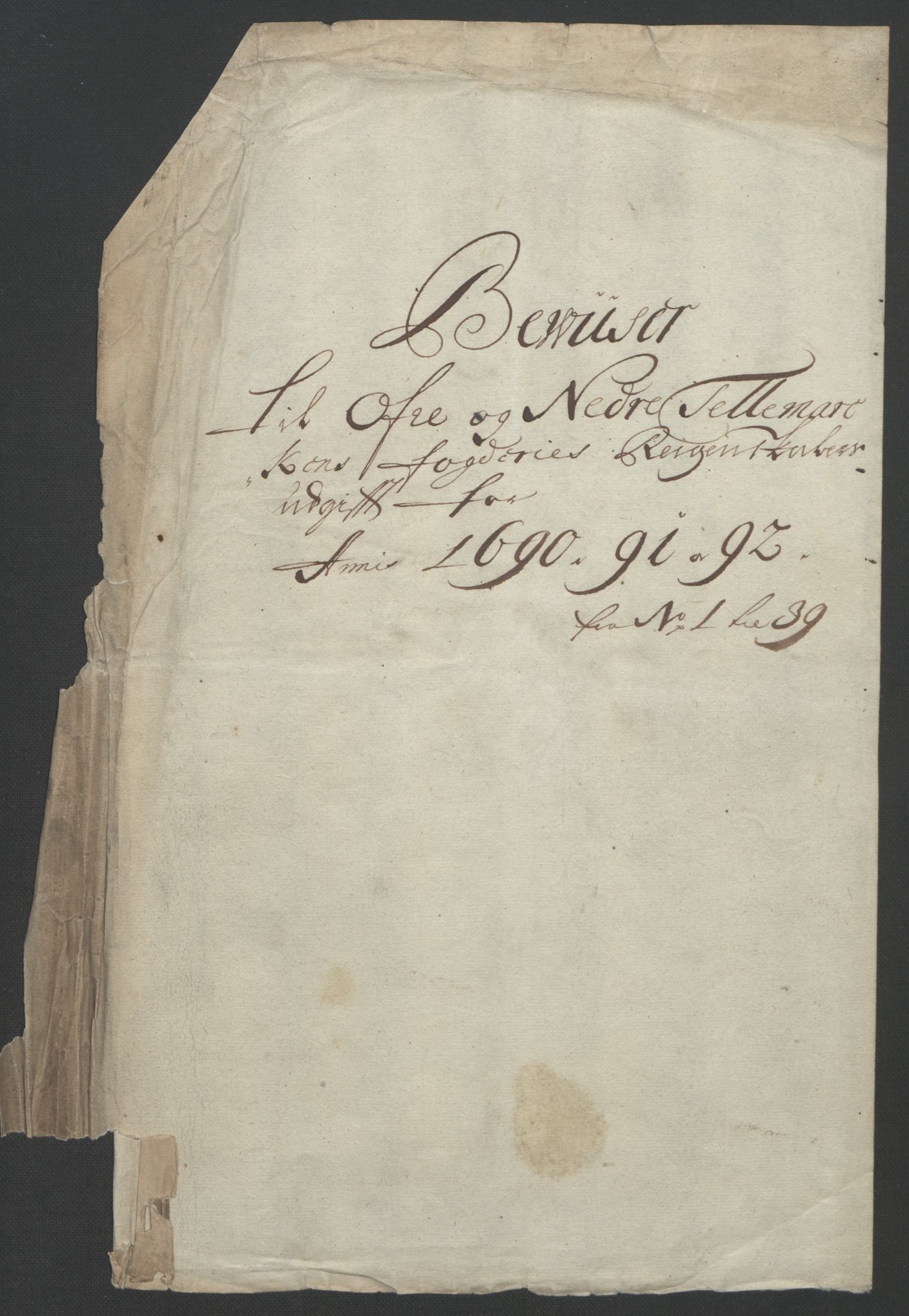 Rentekammeret inntil 1814, Reviderte regnskaper, Fogderegnskap, RA/EA-4092/R35/L2091: Fogderegnskap Øvre og Nedre Telemark, 1690-1693, p. 3