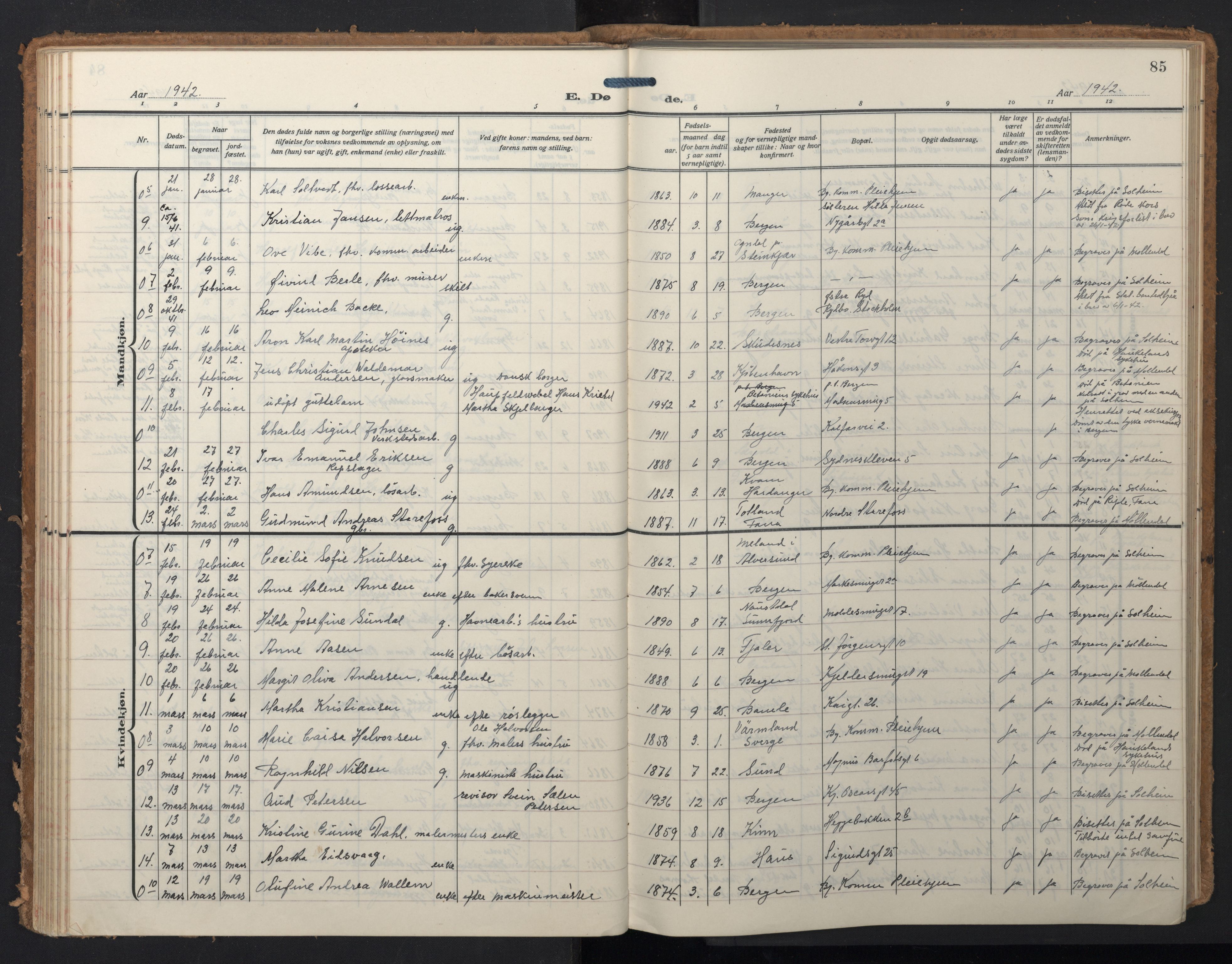 Domkirken sokneprestembete, AV/SAB-A-74801/H/Hab/L0043: Parish register (copy) no. E 7, 1929-1965, p. 84b-85a