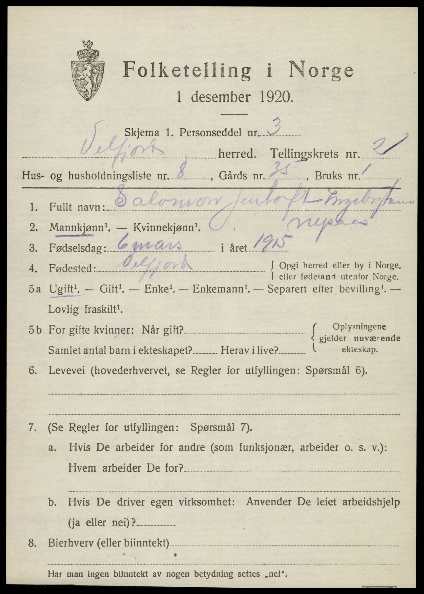 SAT, 1920 census for Velfjord, 1920, p. 1275