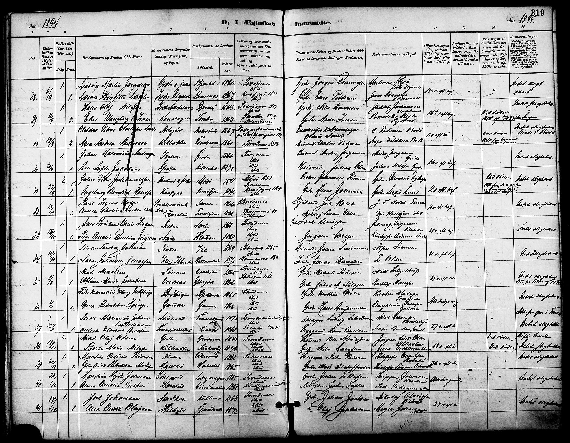 Trondenes sokneprestkontor, SATØ/S-1319/H/Ha/L0016kirke: Parish register (official) no. 16, 1890-1898, p. 319