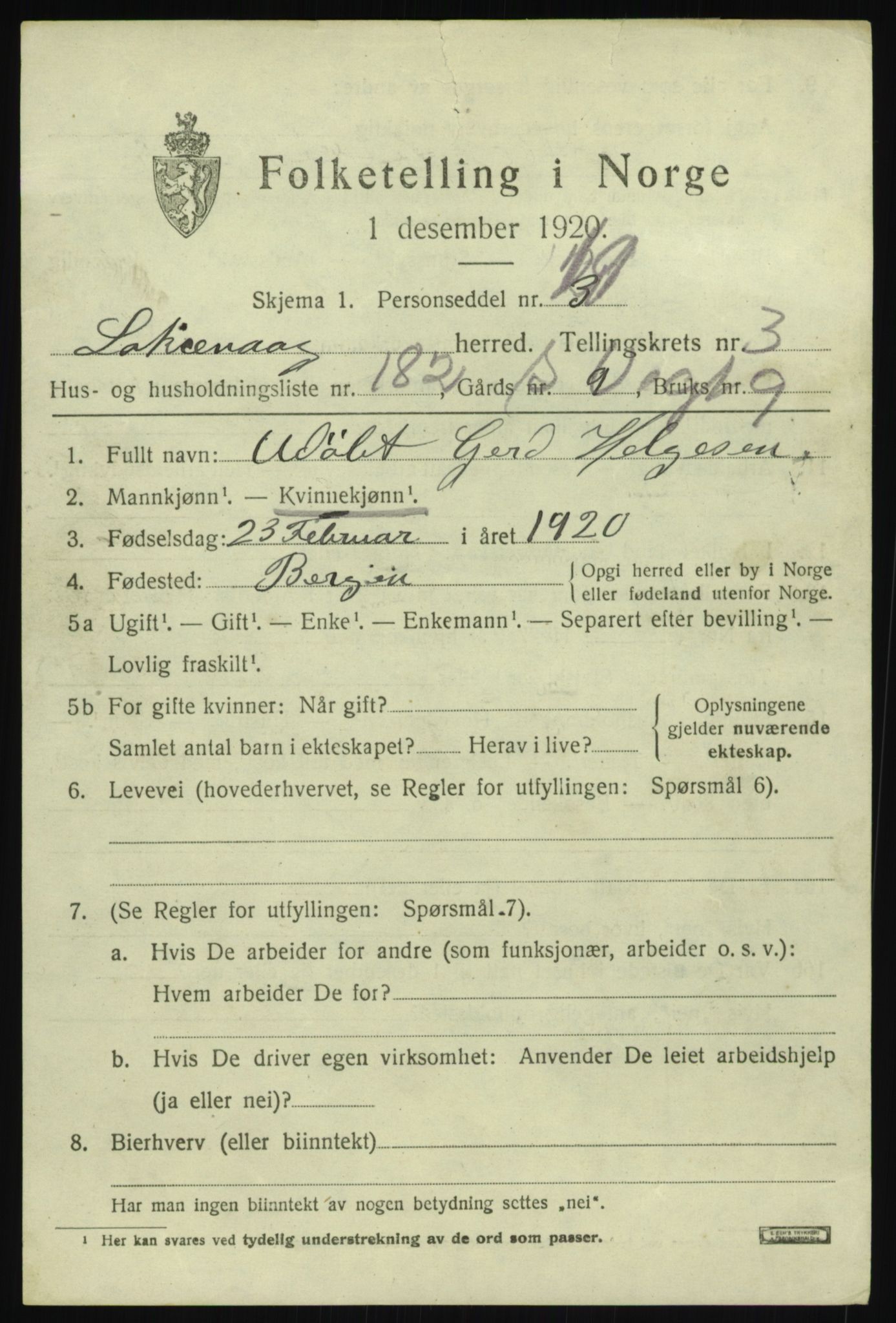 SAB, 1920 census for Laksevåg, 1920, p. 13476