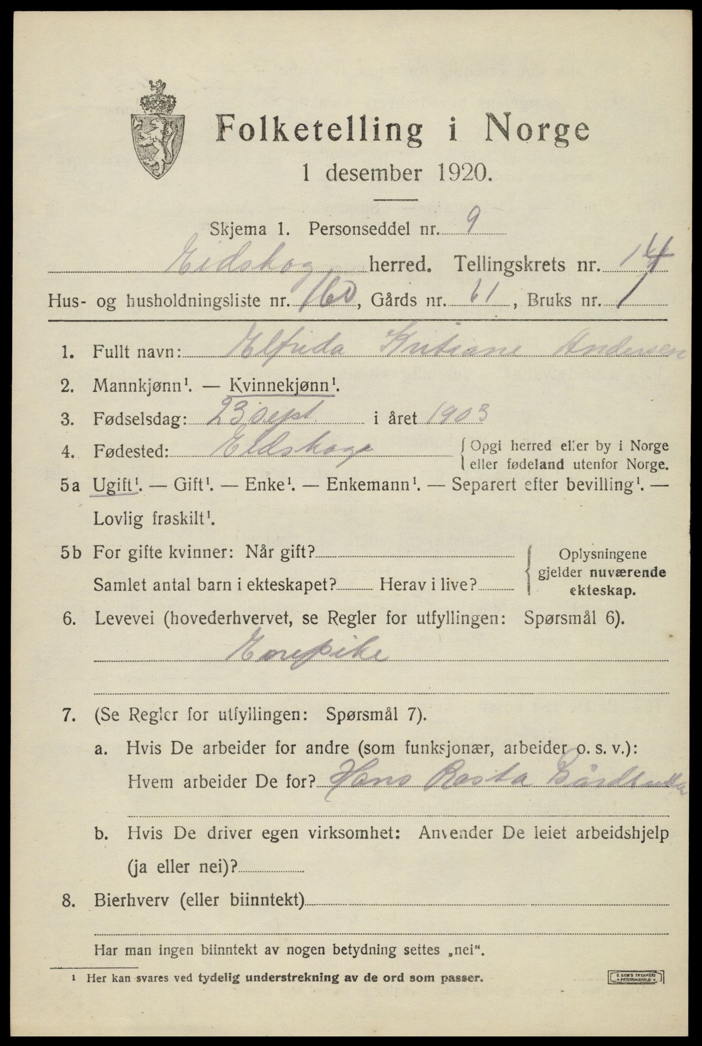 SAH, 1920 census for Eidskog, 1920, p. 15009