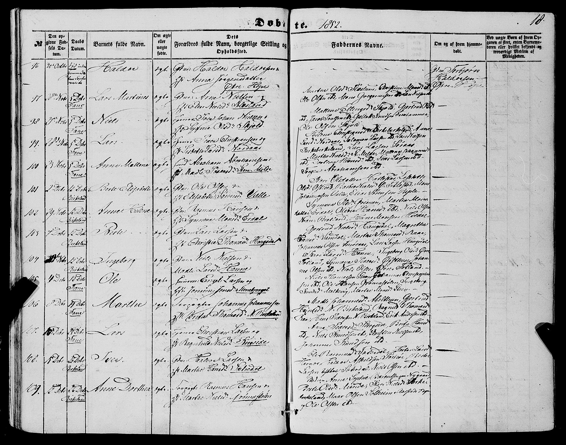 Fana Sokneprestembete, AV/SAB-A-75101/H/Haa/Haaa/L0011: Parish register (official) no. A 11, 1851-1862, p. 18