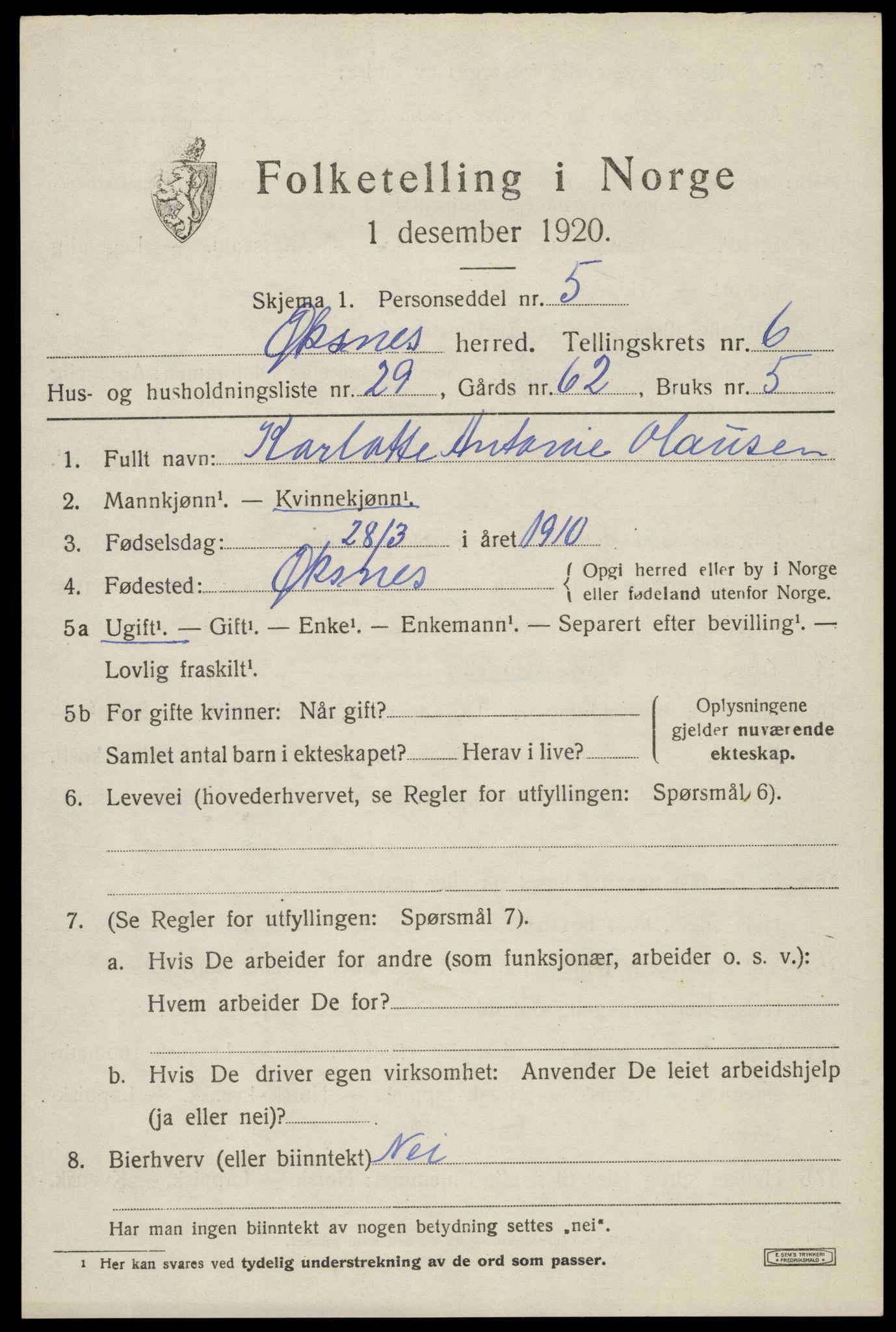 SAT, 1920 census for Øksnes, 1920, p. 5306