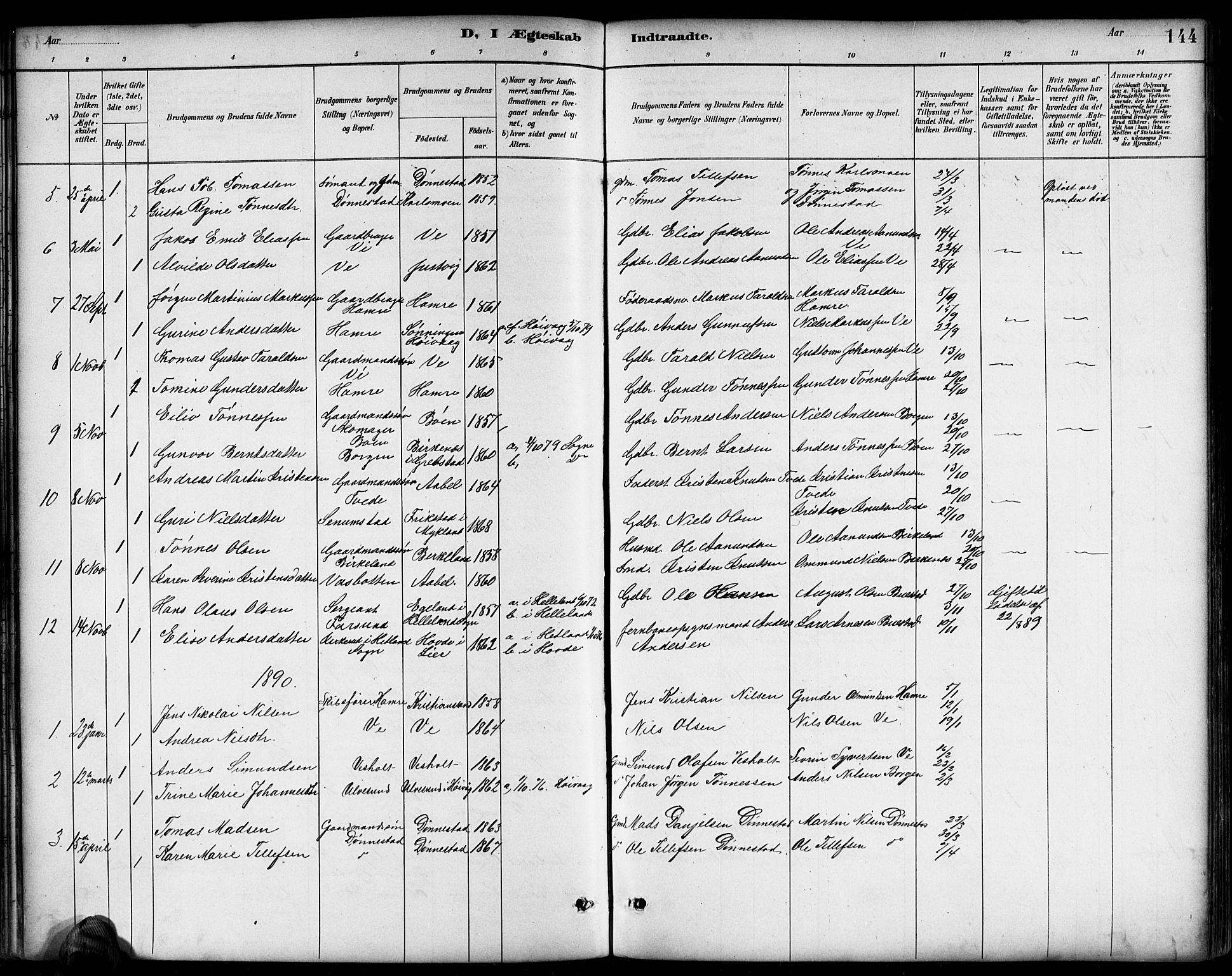 Tveit sokneprestkontor, AV/SAK-1111-0043/F/Fb/L0004: Parish register (copy) no. B 4, 1887-1914, p. 144