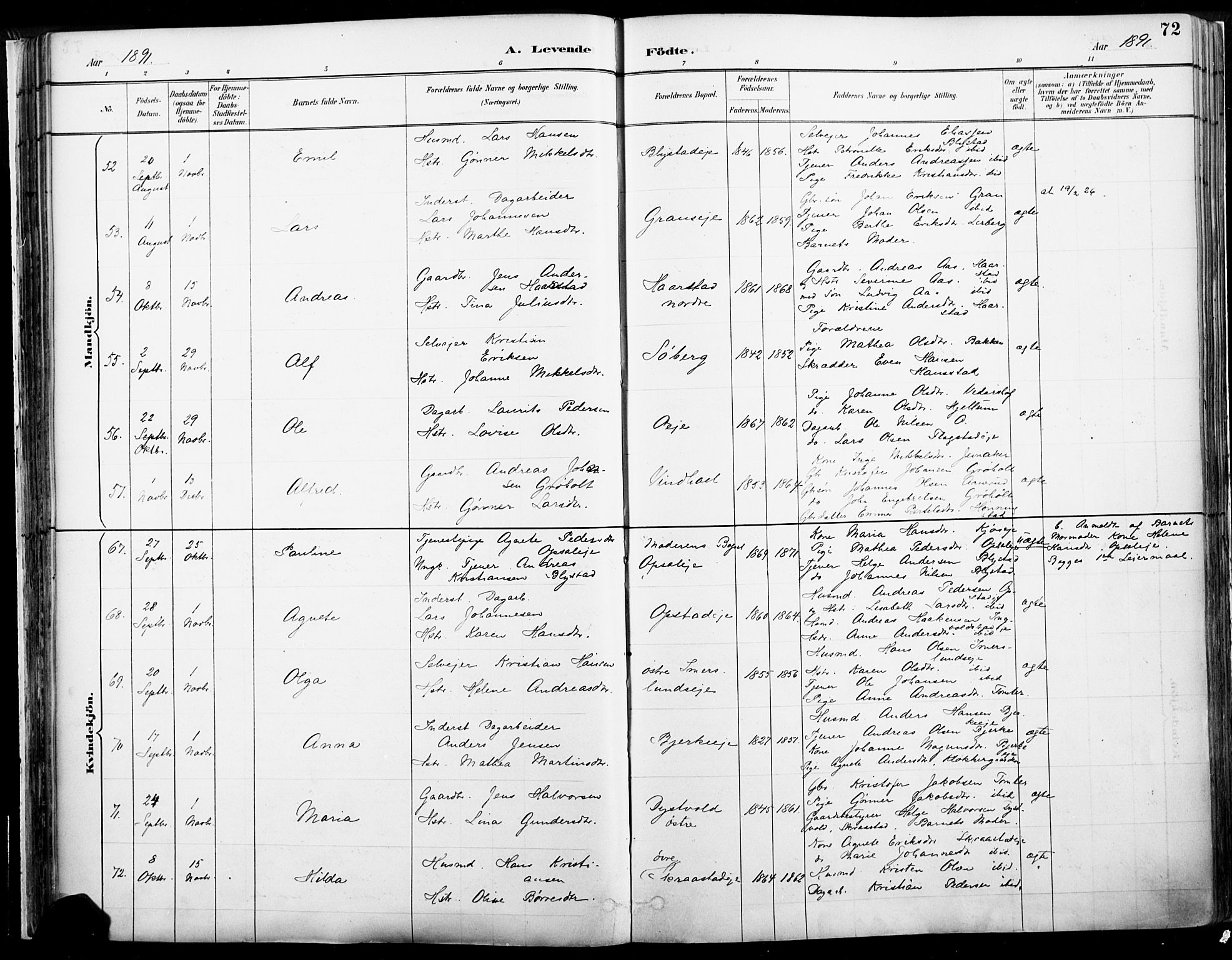 Vang prestekontor, Hedmark, SAH/PREST-008/H/Ha/Haa/L0019A: Parish register (official) no. 19, 1886-1900, p. 72