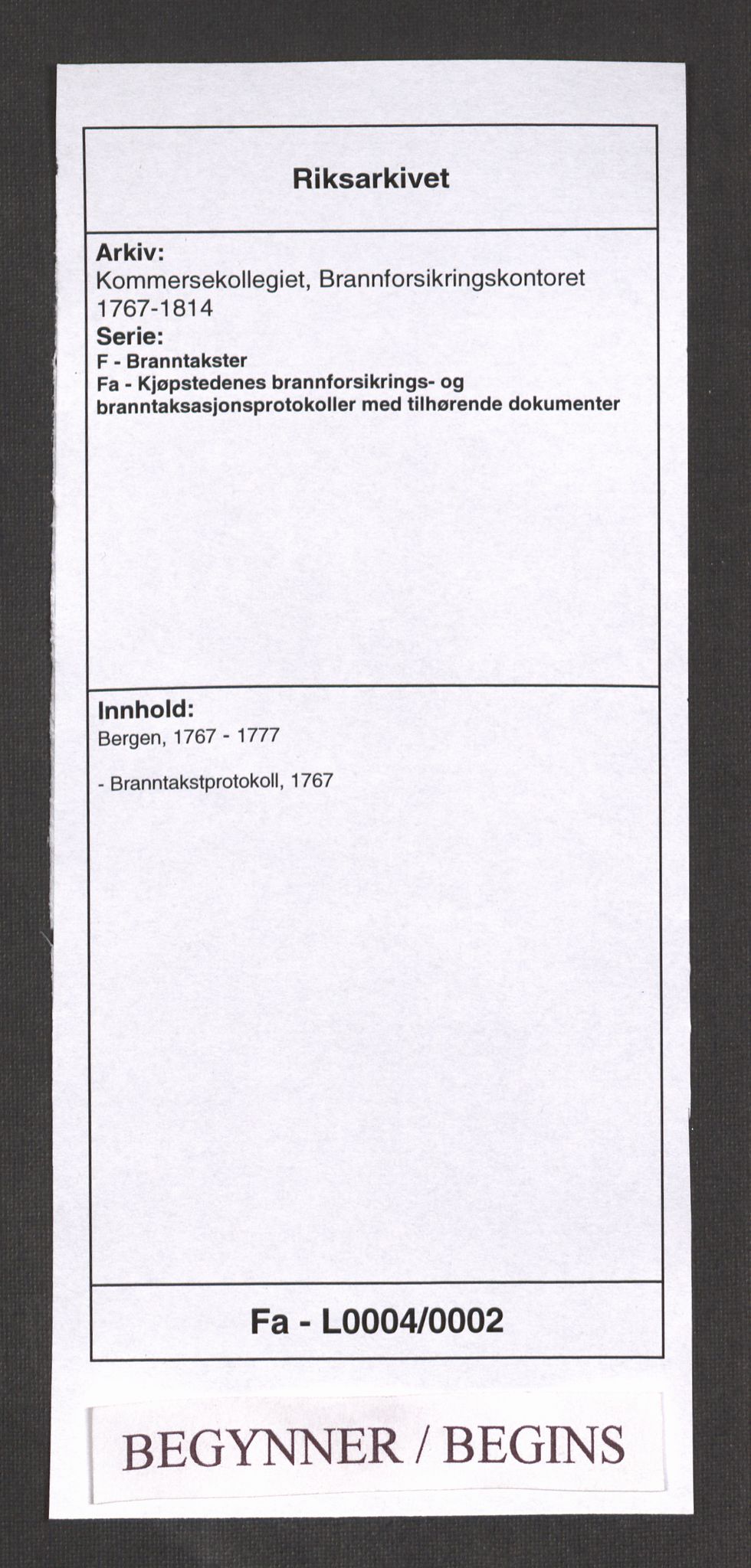 Kommersekollegiet, Brannforsikringskontoret 1767-1814, RA/EA-5458/F/Fa/L0004/0002: Bergen / Branntakstprotokoll, 1767