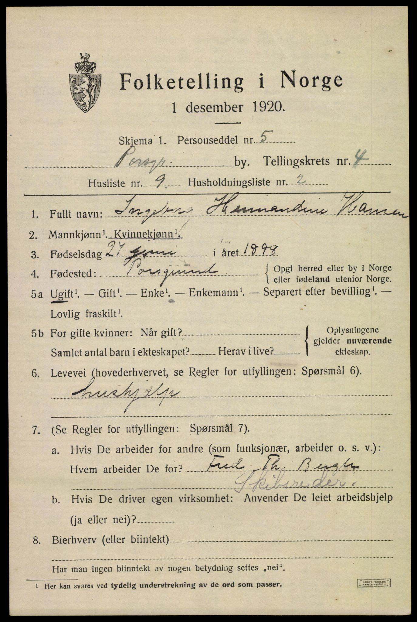 SAKO, 1920 census for Porsgrunn, 1920, p. 18951