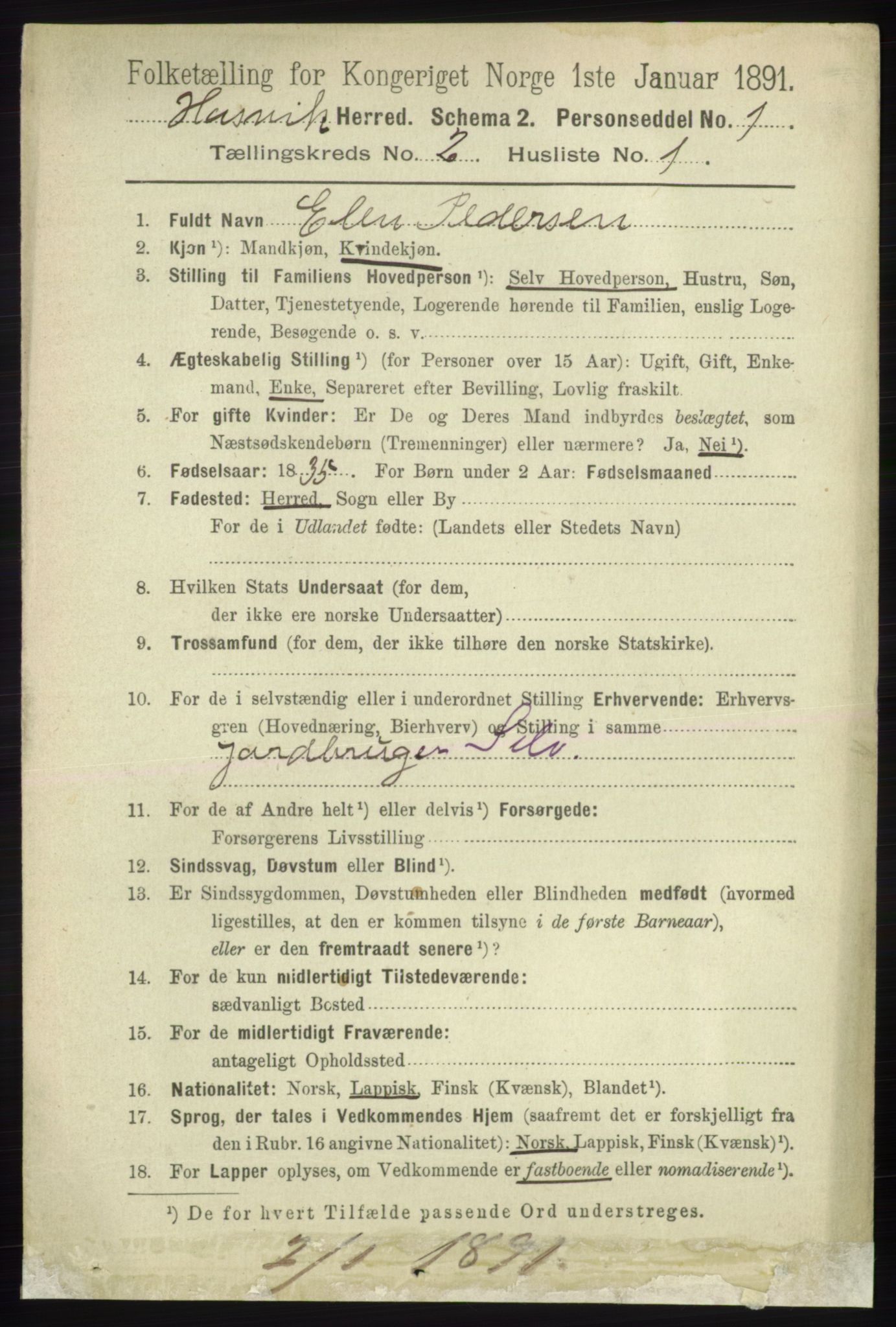 RA, 1891 census for 2015 Hasvik, 1891, p. 279