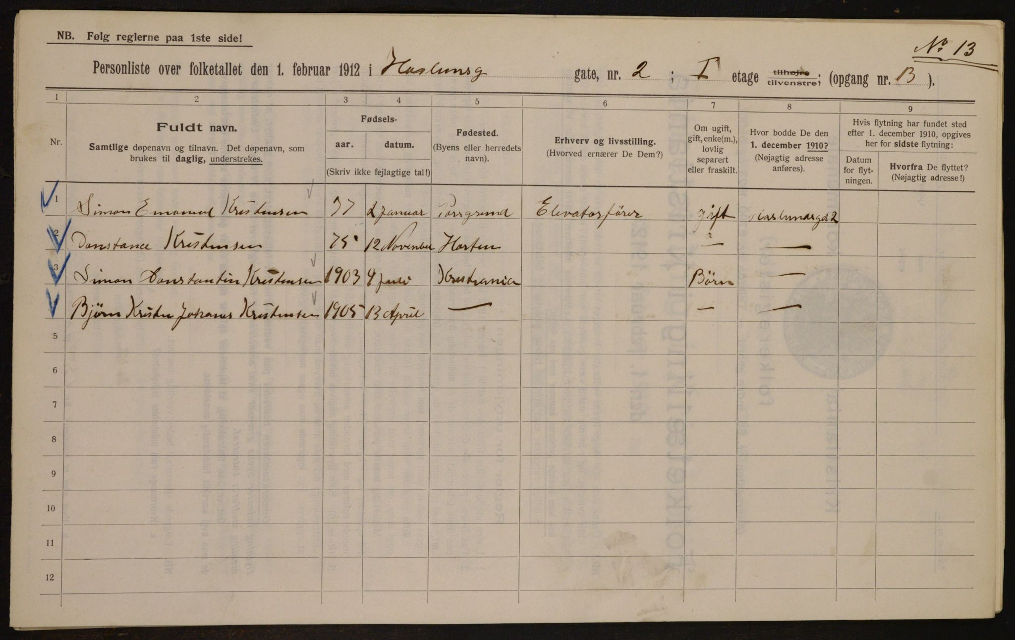 OBA, Municipal Census 1912 for Kristiania, 1912, p. 35258