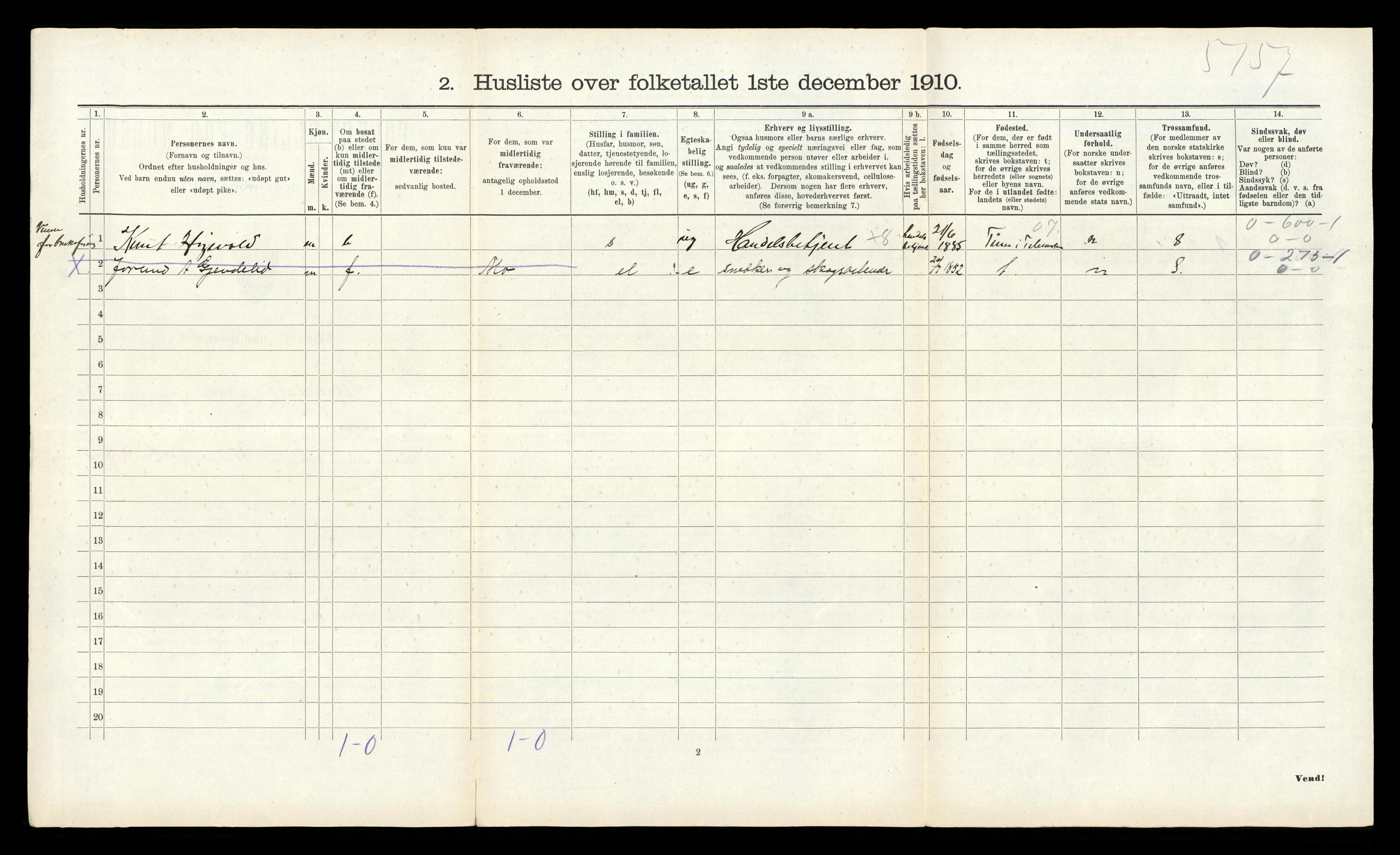 RA, 1910 census for Fyresdal, 1910, p. 152