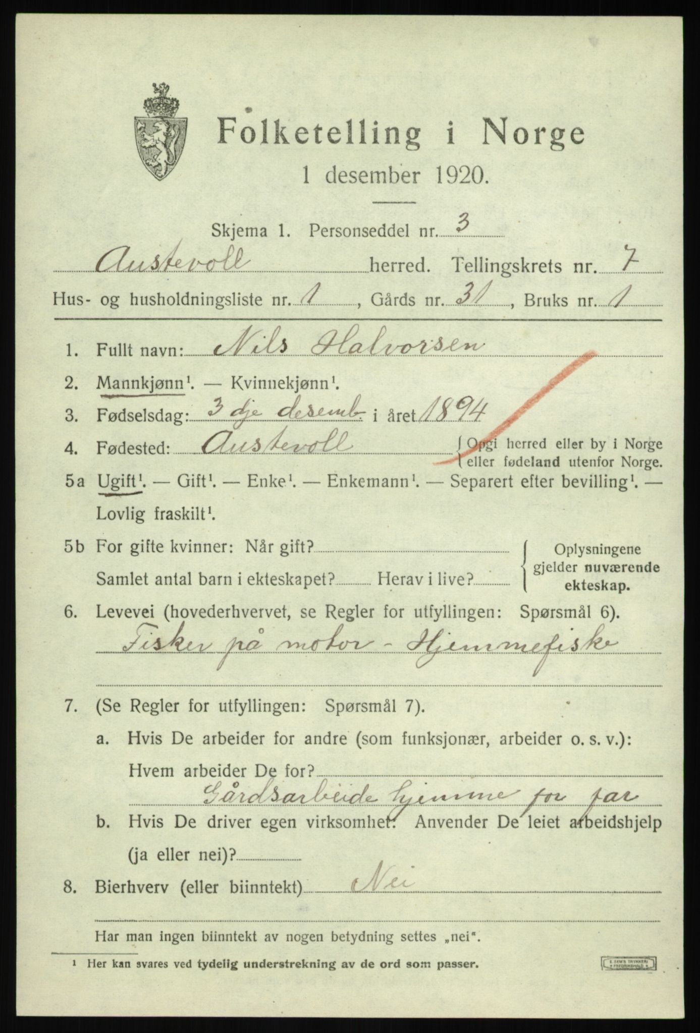 SAB, 1920 census for Austevoll, 1920, p. 3646