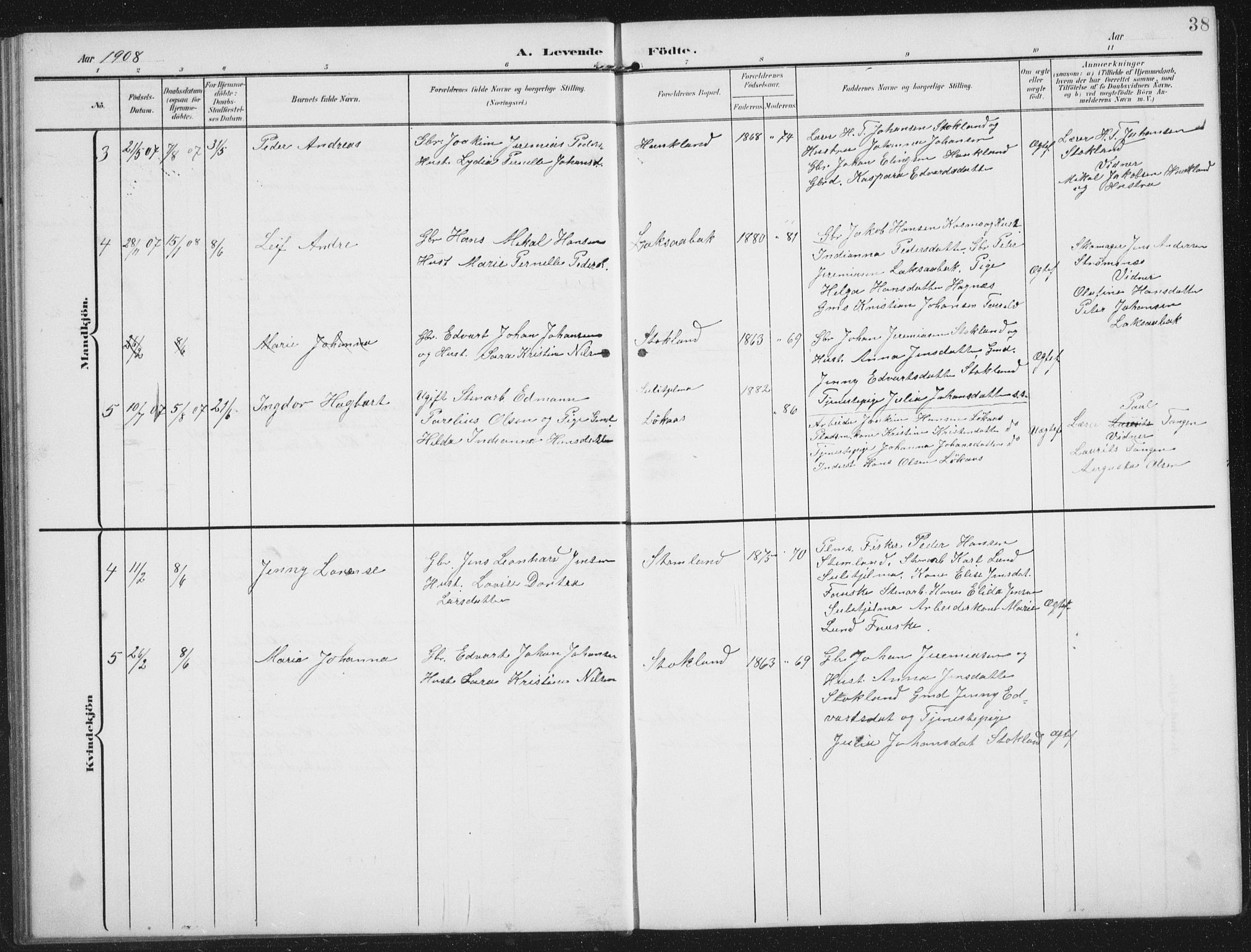 Ministerialprotokoller, klokkerbøker og fødselsregistre - Nordland, AV/SAT-A-1459/851/L0726: Parish register (copy) no. 851C01, 1902-1924, p. 38