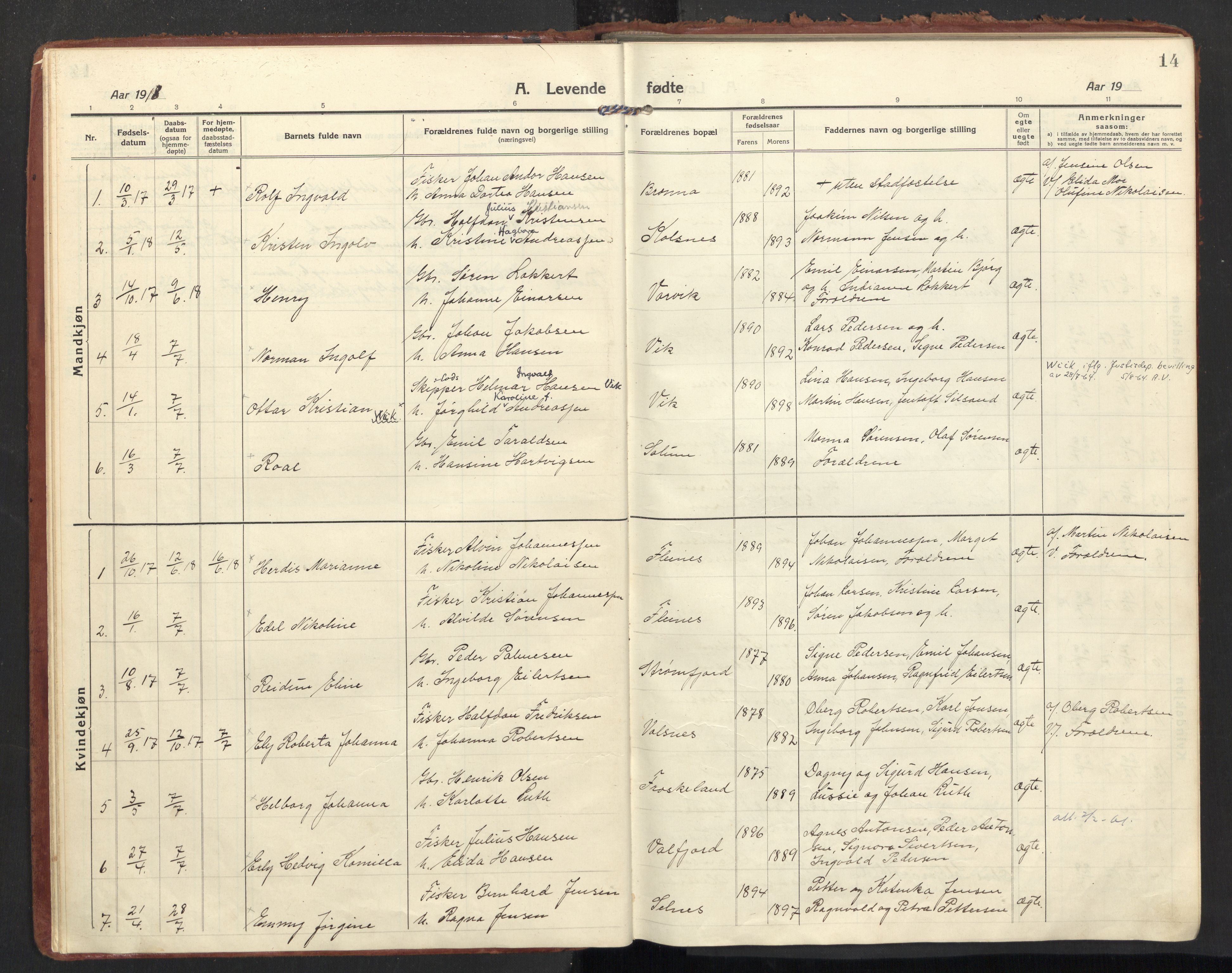 Ministerialprotokoller, klokkerbøker og fødselsregistre - Nordland, AV/SAT-A-1459/890/L1288: Parish register (official) no. 890A03, 1915-1925, p. 14
