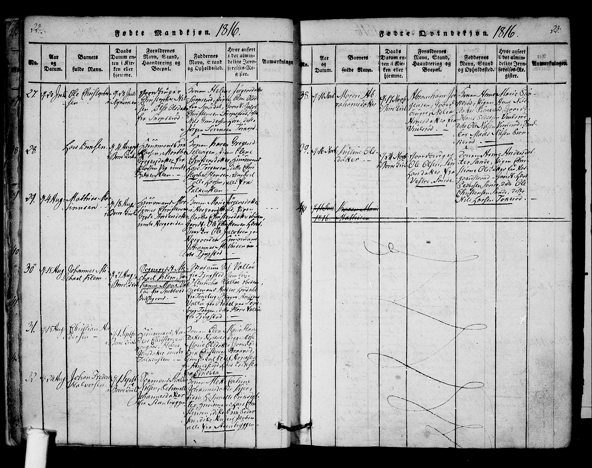 Borre kirkebøker, SAKO/A-338/F/Fa/L0004: Parish register (official) no. I 4, 1815-1845, p. 22-23