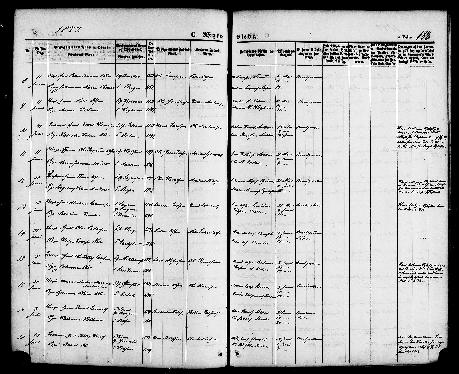 Jølster sokneprestembete, SAB/A-80701/H/Haa/Haaa/L0011: Parish register (official) no. A 11, 1866-1881, p. 188
