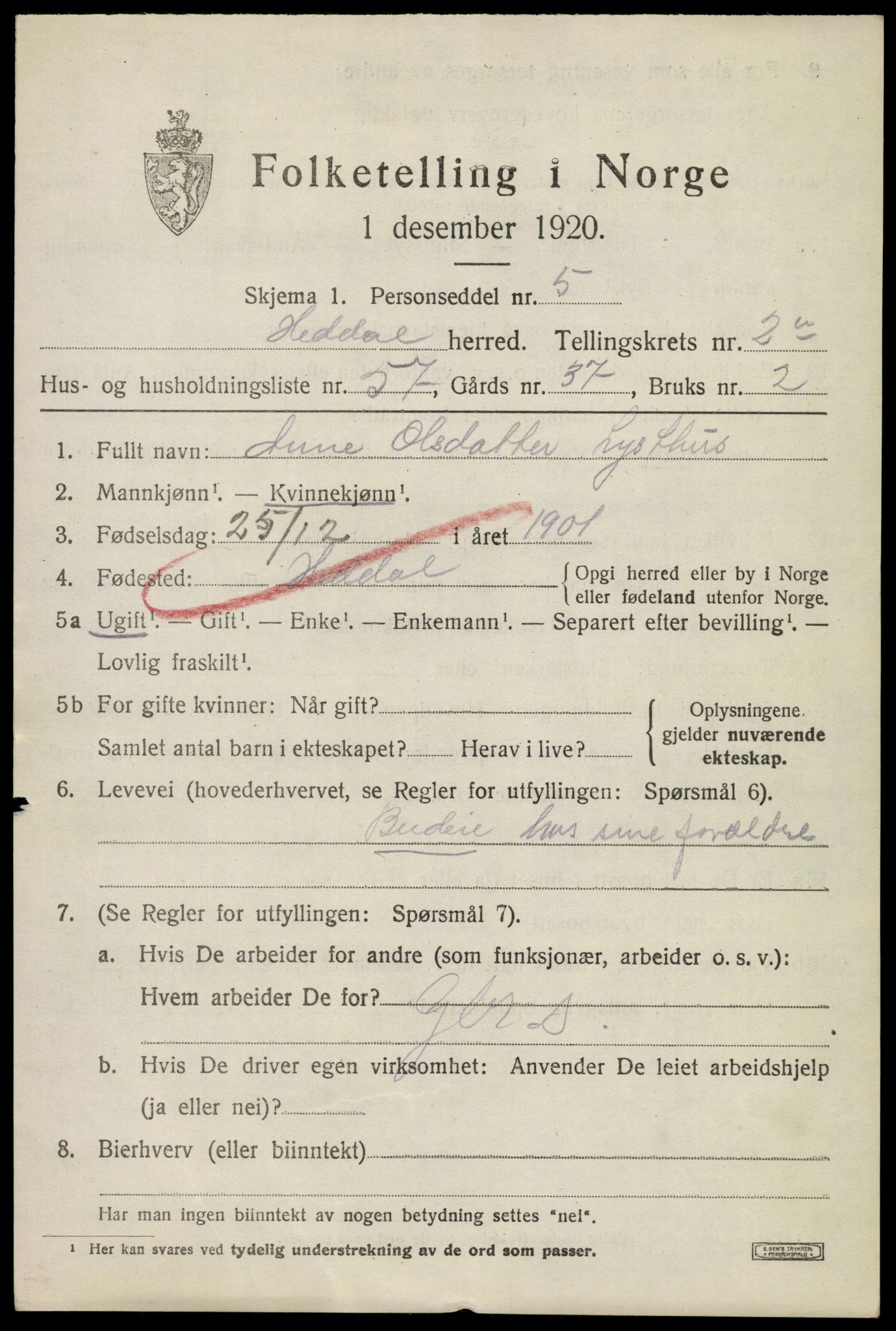 SAKO, 1920 census for Heddal, 1920, p. 2644