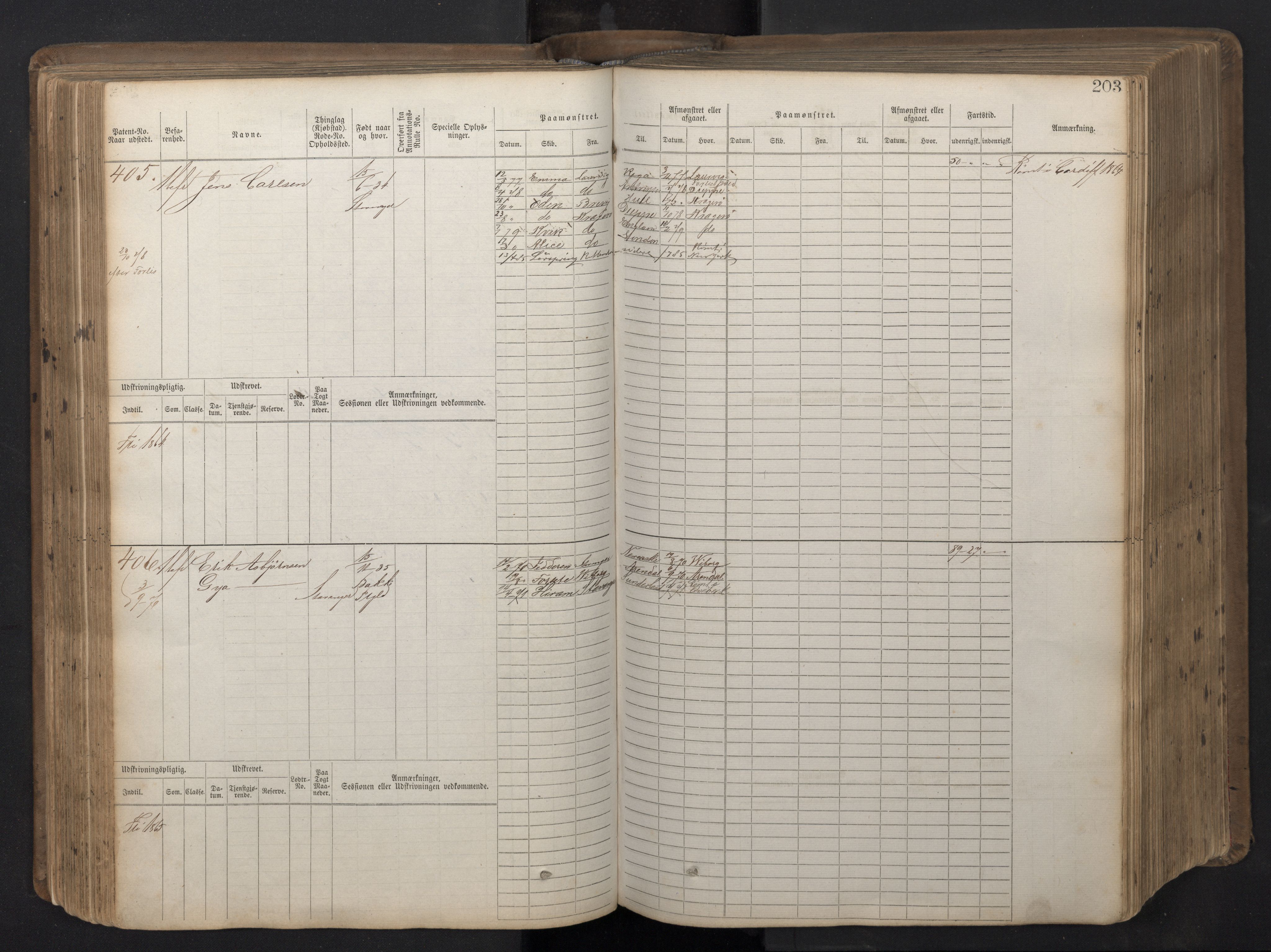 Stavanger sjømannskontor, AV/SAST-A-102006/F/Fb/Fbb/L0016: Sjøfartshovedrulle patnentnr. 1-1202 (dublett), 1869, p. 203