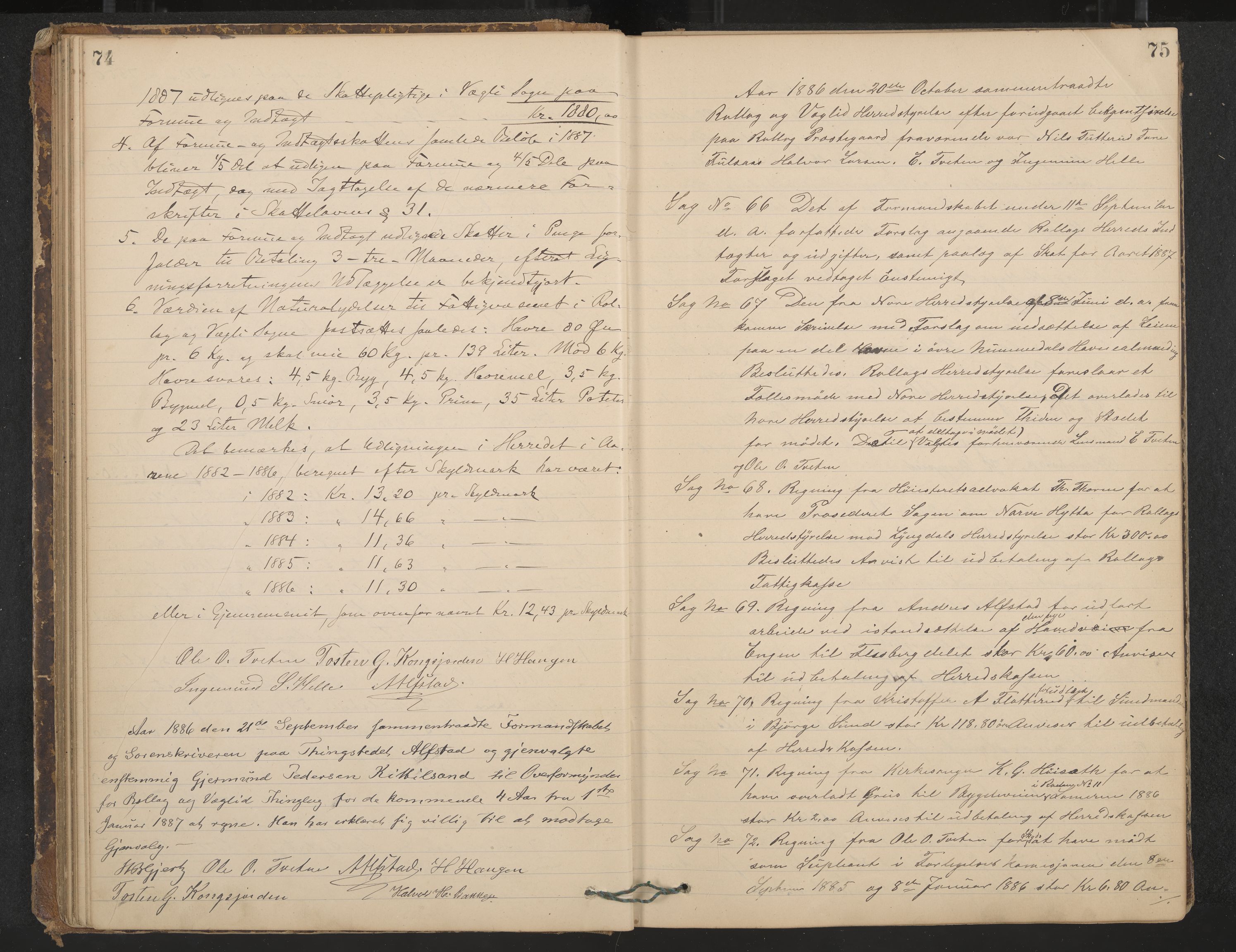 Rollag formannskap og sentraladministrasjon, IKAK/0632021-2/A/Aa/L0003: Møtebok, 1884-1897, p. 74-75