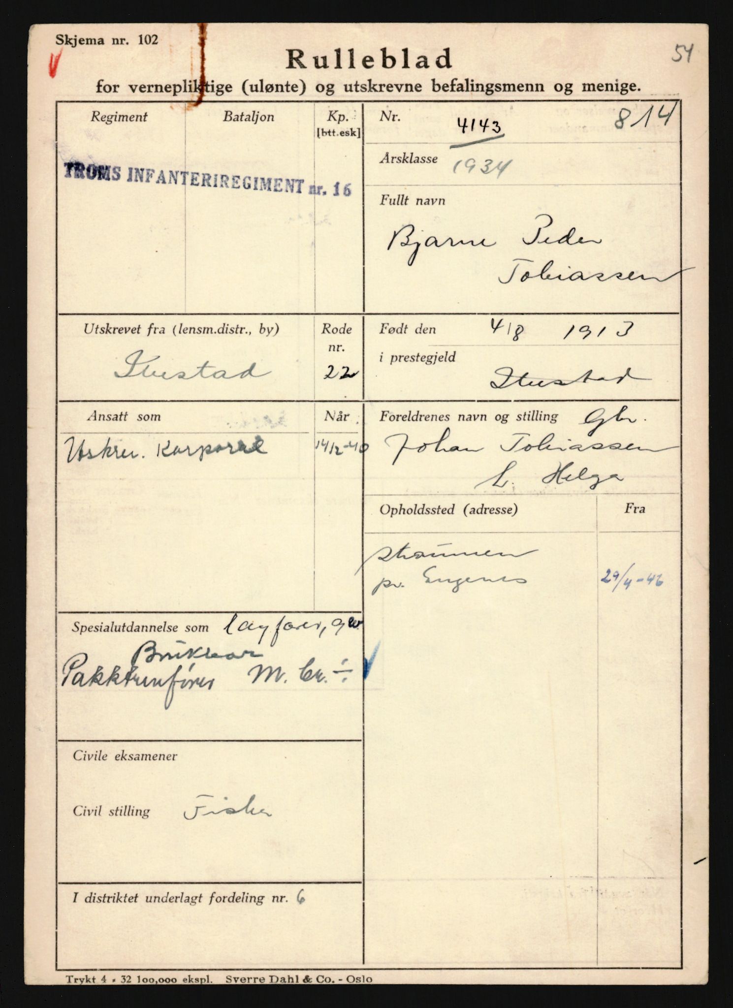 Forsvaret, Troms infanteriregiment nr. 16, AV/RA-RAFA-3146/P/Pa/L0018: Rulleblad for regimentets menige mannskaper, årsklasse 1934, 1934, p. 1221