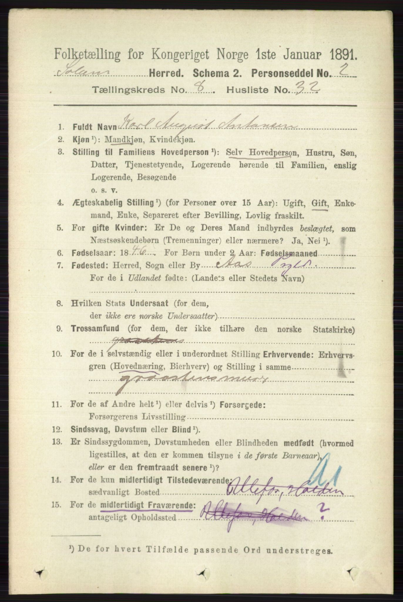 RA, 1891 census for 0818 Solum, 1891, p. 4307