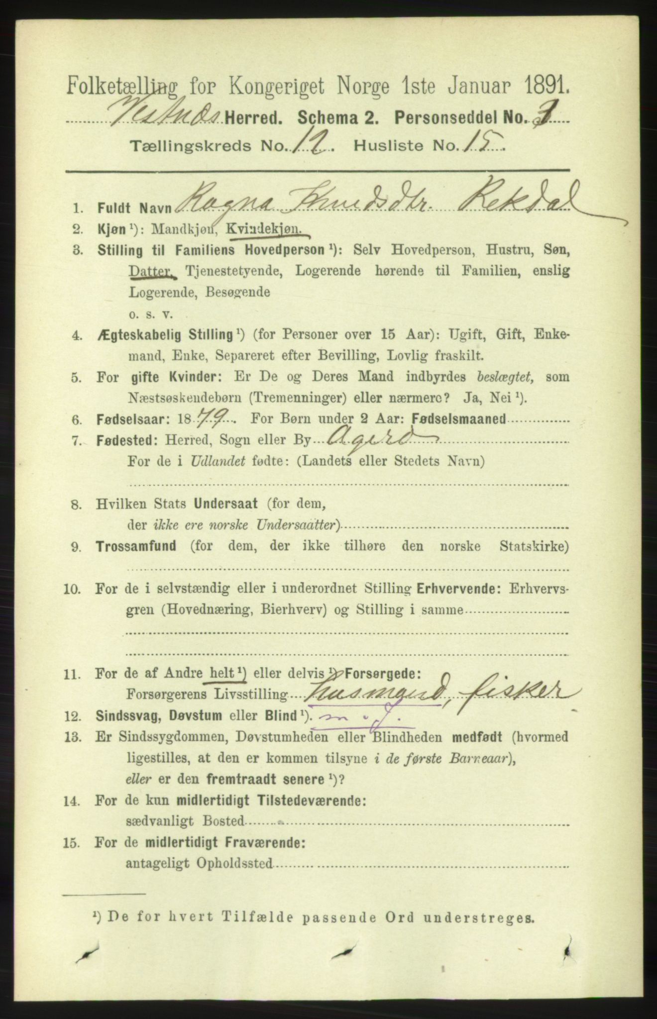RA, 1891 census for 1535 Vestnes, 1891, p. 4485