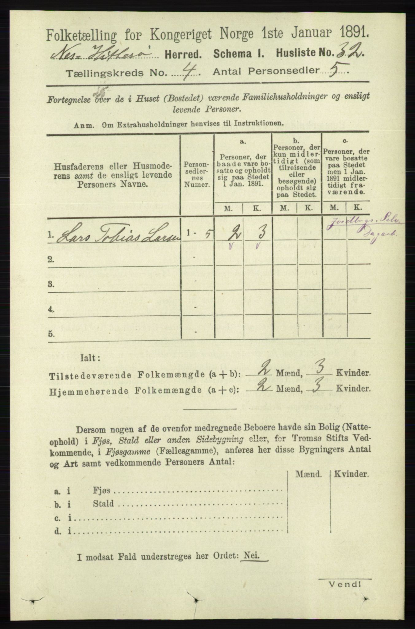 RA, 1891 census for 1043 Hidra og Nes, 1891, p. 1401