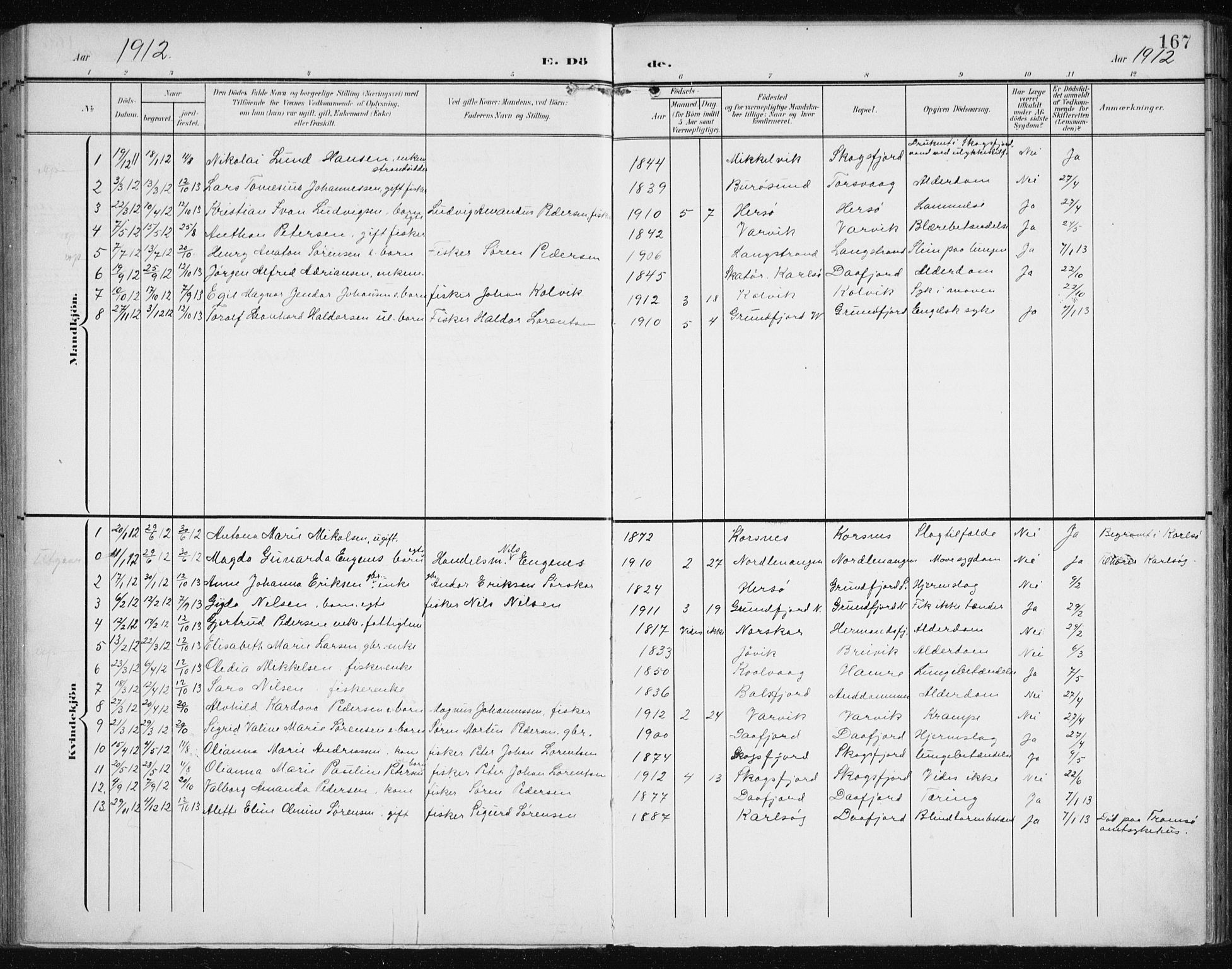 Karlsøy sokneprestembete, SATØ/S-1299/H/Ha/Haa/L0013kirke: Parish register (official) no. 13, 1902-1916, p. 167