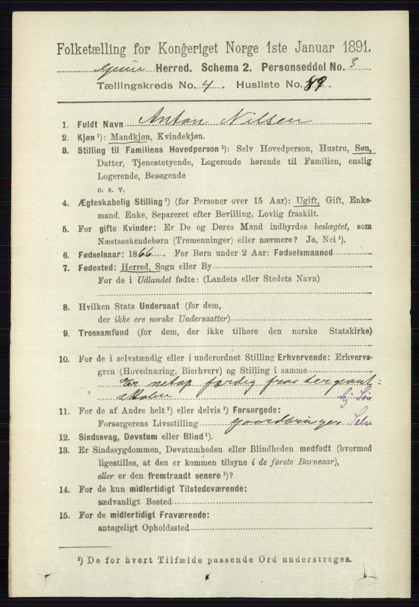 RA, 1891 census for 0423 Grue, 1891, p. 2602