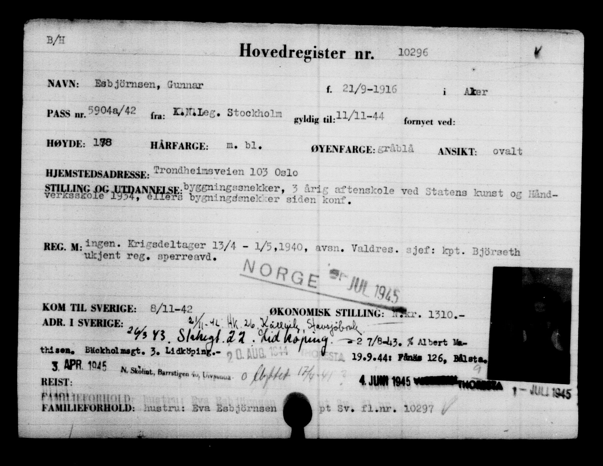 Utenriksstasjonene, Legasjonen i Stockholm, Flyktningkontoret, AV/RA-S-6753/V/Va/L0006: Kjesäterkartoteket, flyktninger med registreringsnr. 9400-12711, 1940-1945, p. 1027