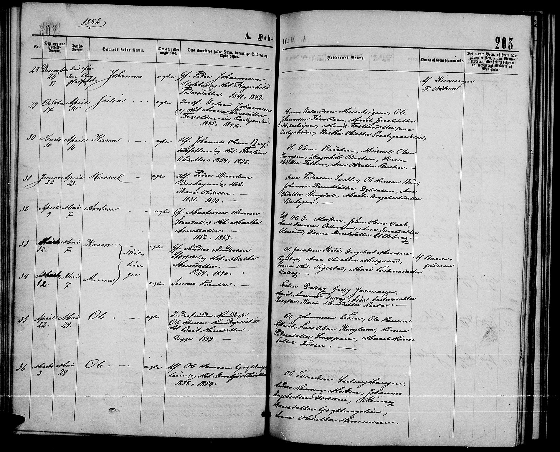 Sør-Fron prestekontor, SAH/PREST-010/H/Ha/Hab/L0002: Parish register (copy) no. 2, 1864-1883, p. 203