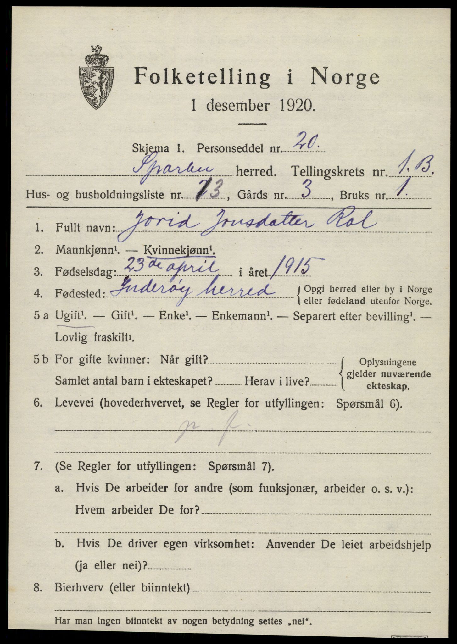 SAT, 1920 census for Sparbu, 1920, p. 2107