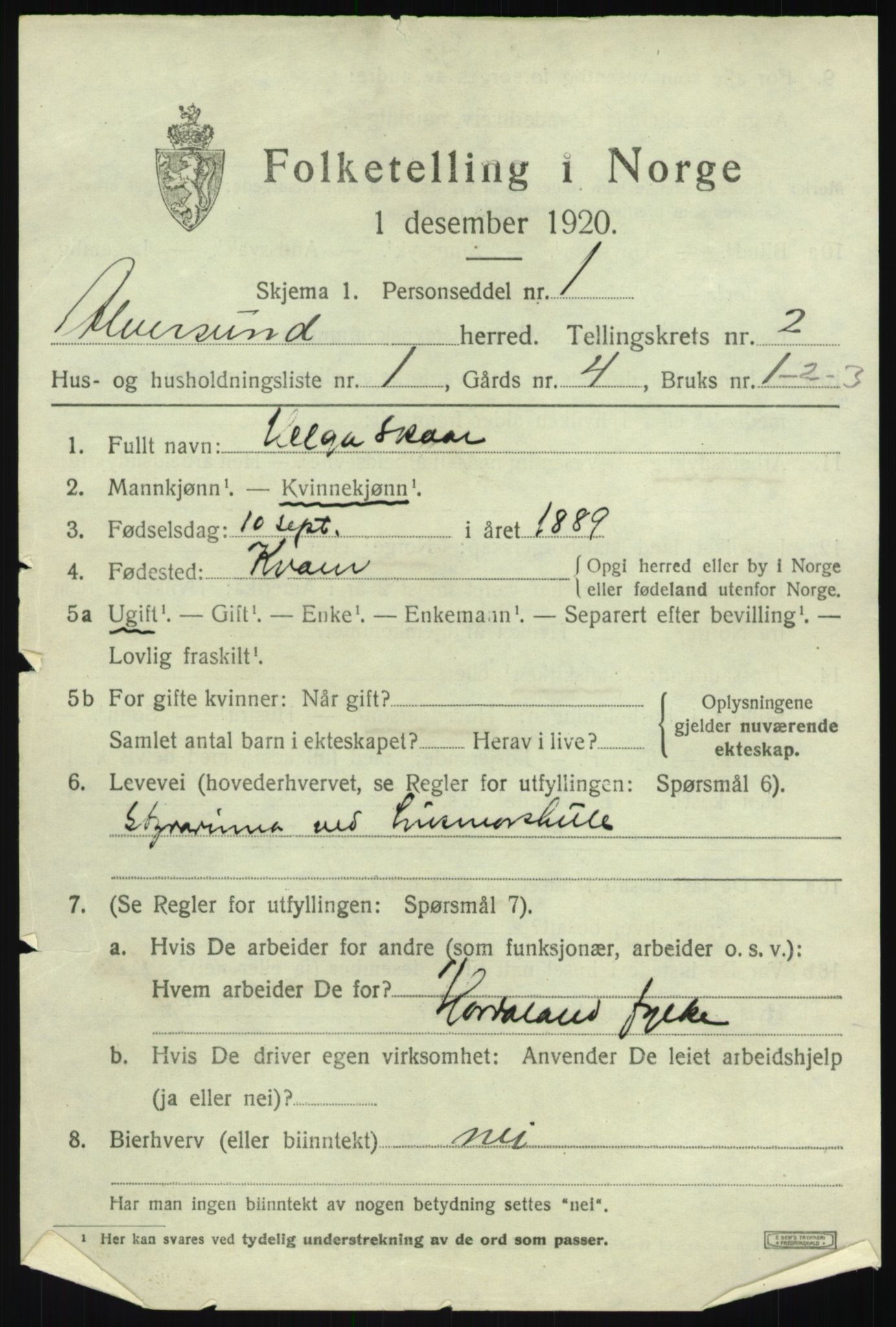 SAB, 1920 census for Alversund, 1920, p. 1550
