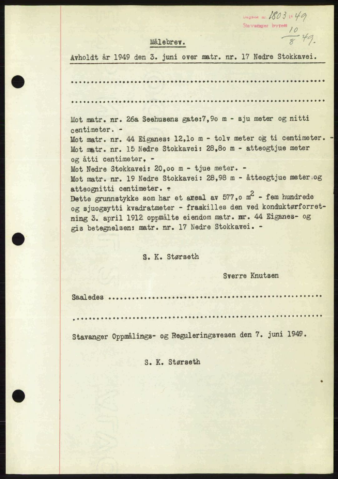 Stavanger byrett, SAST/A-100455/002/G/Gb/L0023: Mortgage book no. A12, 1948-1949, Diary no: : 1803/1949