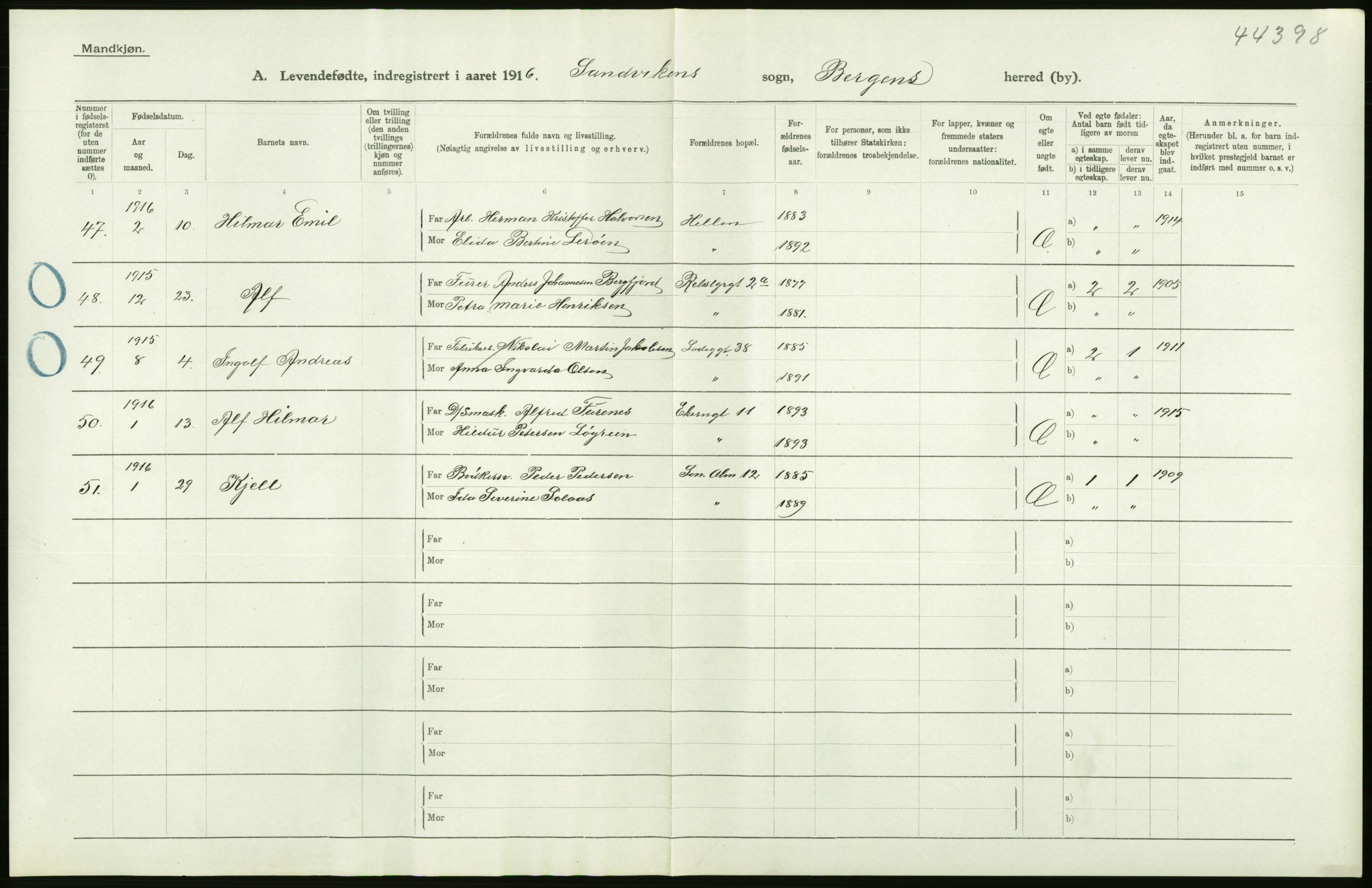 Statistisk sentralbyrå, Sosiodemografiske emner, Befolkning, AV/RA-S-2228/D/Df/Dfb/Dfbf/L0037: Bergen: Levendefødte menn og kvinner., 1916, p. 14