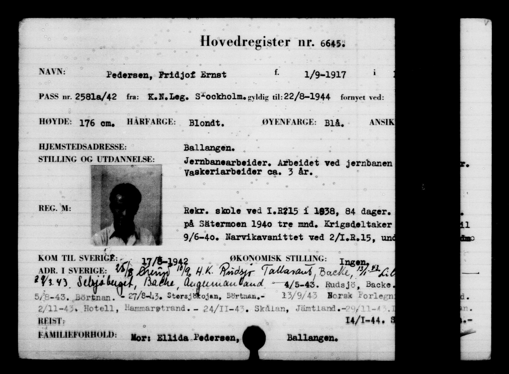 Utenriksstasjonene, Legasjonen i Stockholm, Flyktningkontoret, AV/RA-S-6753/V/Va/L0005: Kjesäterkartoteket, flyktninger med registreringsnr. 6600-9417, 1940-1945, p. 56